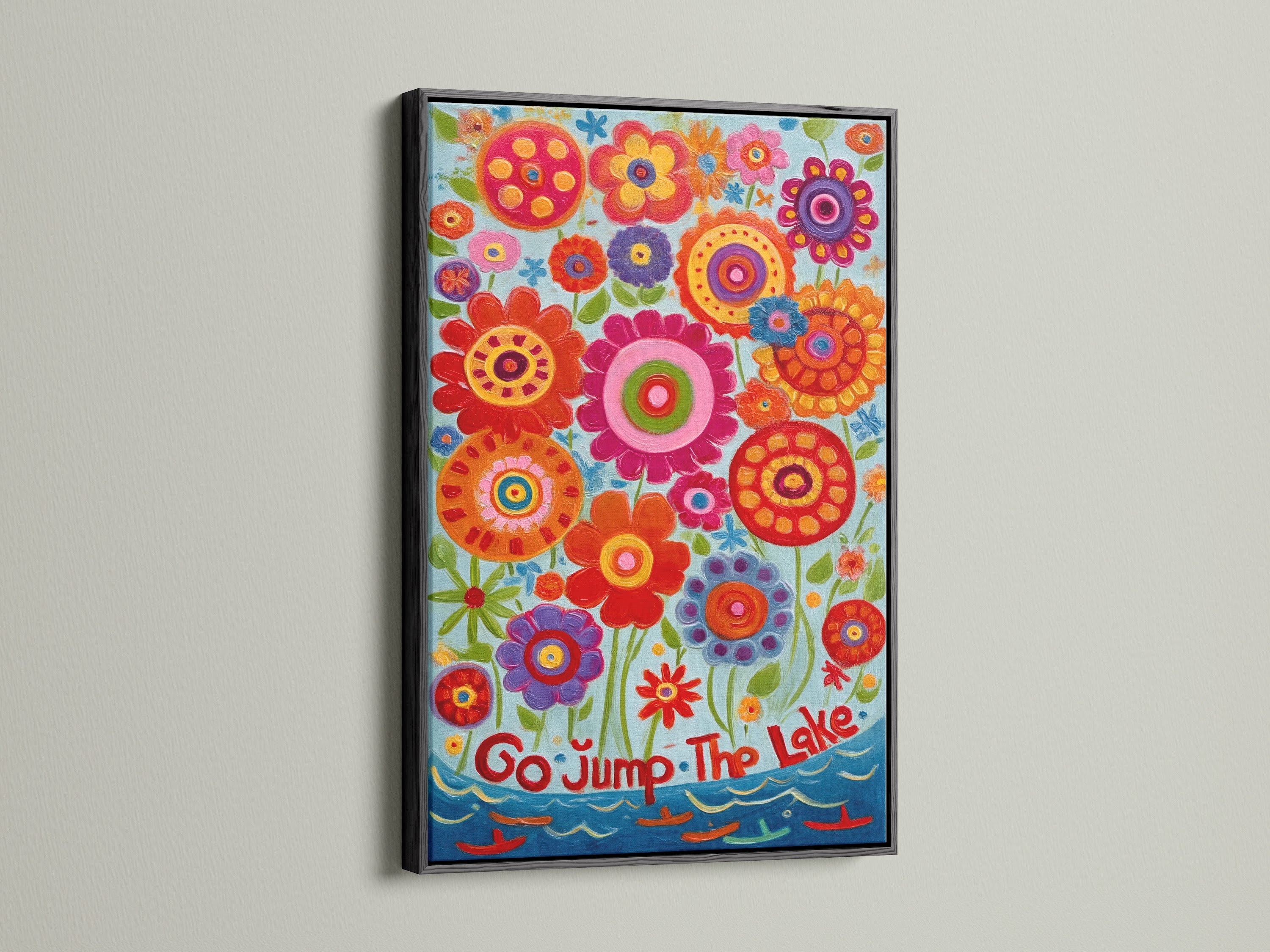 A black frame highlights a whimsical floral canvas print. The colorful flower artwork stands out. Enhance your home decor with this vibrant botanical print. It's perfect for adding a pop of color to any room.
