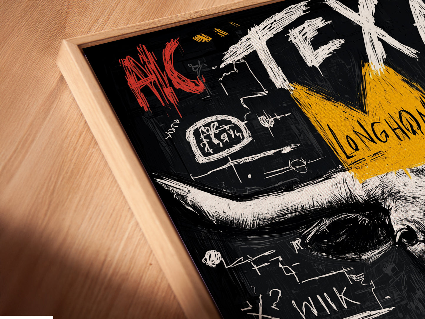 A close-up angled view shows a canvas print in a floating frame. The floating frame gives the Texas Longhorn bull artwork a sophisticated look. It enhances the urban art print style.
