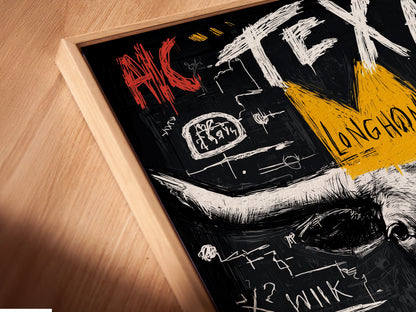 A close-up angled view shows a canvas print in a floating frame. The floating frame gives the Texas Longhorn bull artwork a sophisticated look. It enhances the urban art print style.