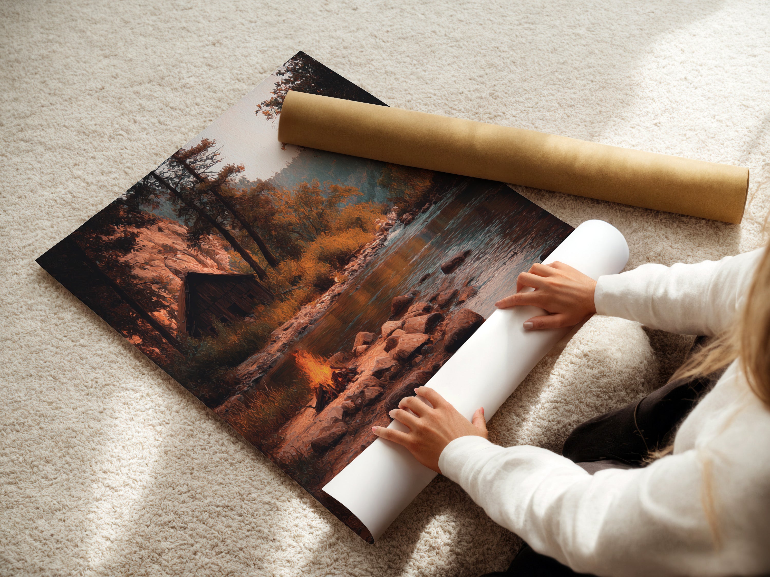 A woman is carefully rolling a fine art poster paper. The poster paper is of high quality. She is preparing it for framing or display. This highlights the care in handling fine art prints. The poster is handled with precision.