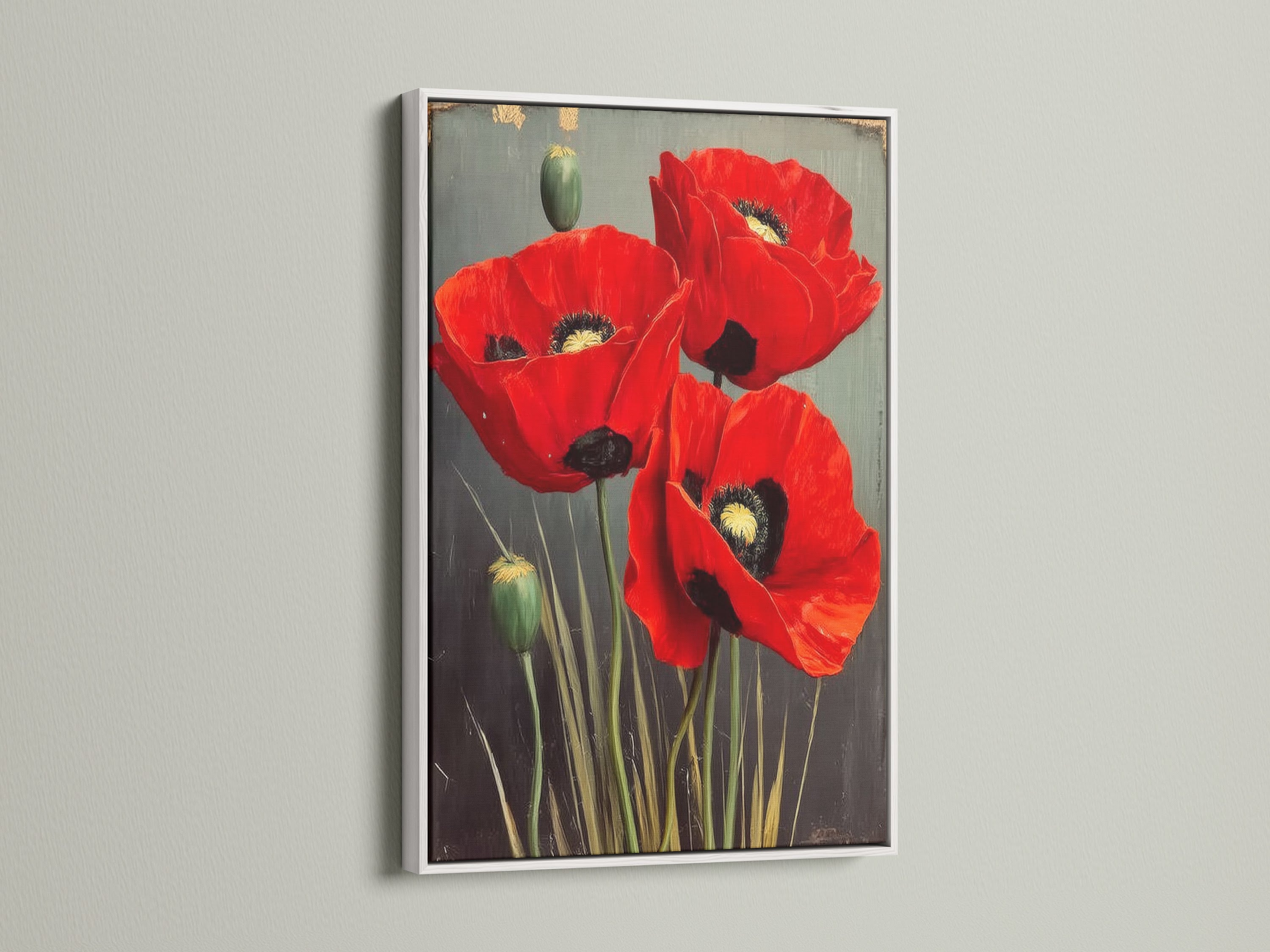 A red poppy floral artwork in a white frame. The floral print adds a touch of elegance to any room. Ideal for living rooms bedrooms kitchens entryways studios boutiques and coffee shops. The botanical art enhances wall decoration.