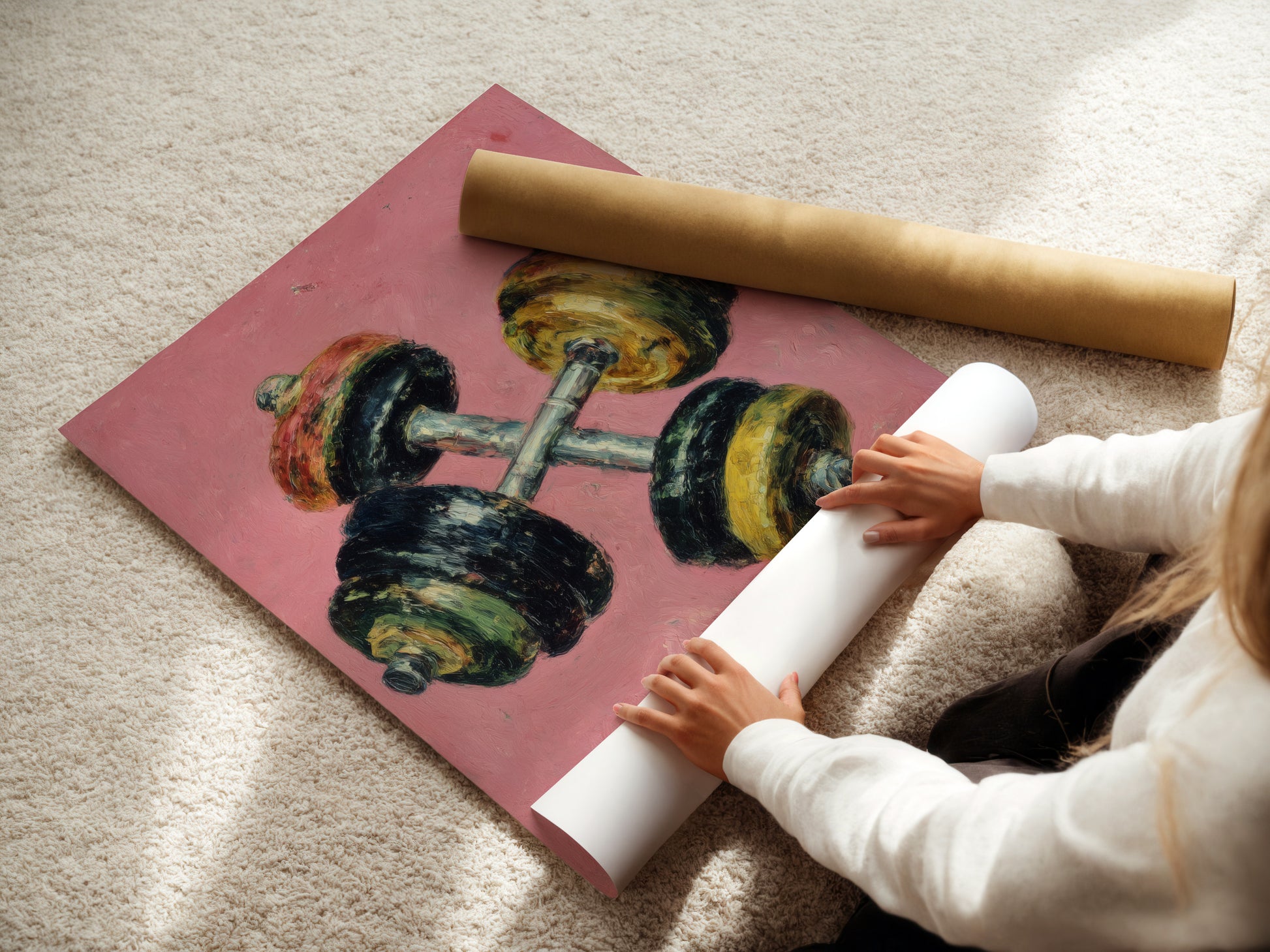 A woman rolls a fine art poster paper. This vintage dumbbell artwork print is available on fine art paper. The retro fitness wall art is perfect for any space. Explore our range of motivational workout art today.
