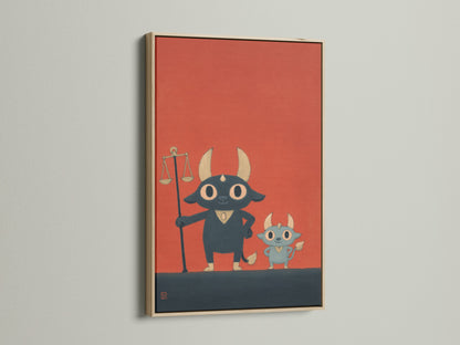 This is a Justice Bull art print. It is framed in oak. The art features a kawaii law theme. This piece is perfect for legal office decor. It makes a thoughtful lawyer gift. The cute animal print adds charm to any space. This is ideal for a law firm.