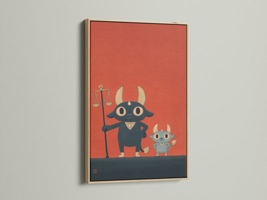 This is a Justice Bull art print. It is framed in oak. The art features a kawaii law theme. This piece is perfect for legal office decor. It makes a thoughtful lawyer gift. The cute animal print adds charm to any space. This is ideal for a law firm.