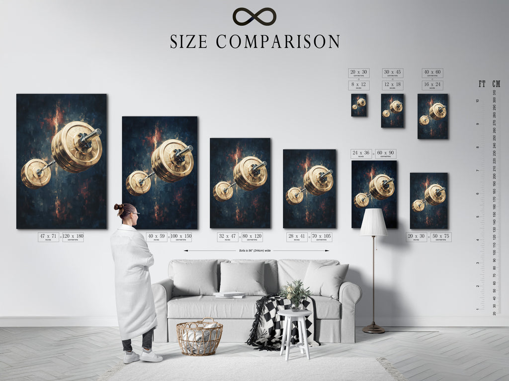 Size comparison chart displayed in an interior setting. Helping you visualize barbell weights art. See how our fitness wall decor fits your space. Choose the ideal size for your gym canvas print.