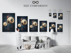 Size comparison chart displayed in an interior setting. Helping you visualize barbell weights art. See how our fitness wall decor fits your space. Choose the ideal size for your gym canvas print.