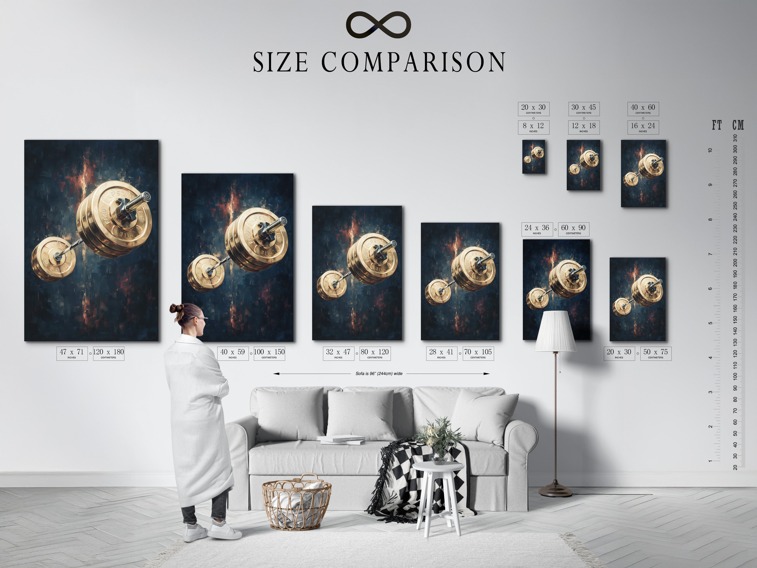 Size comparison chart displayed in an interior setting. Helping you visualize barbell weights art. See how our fitness wall decor fits your space. Choose the ideal size for your gym canvas print.