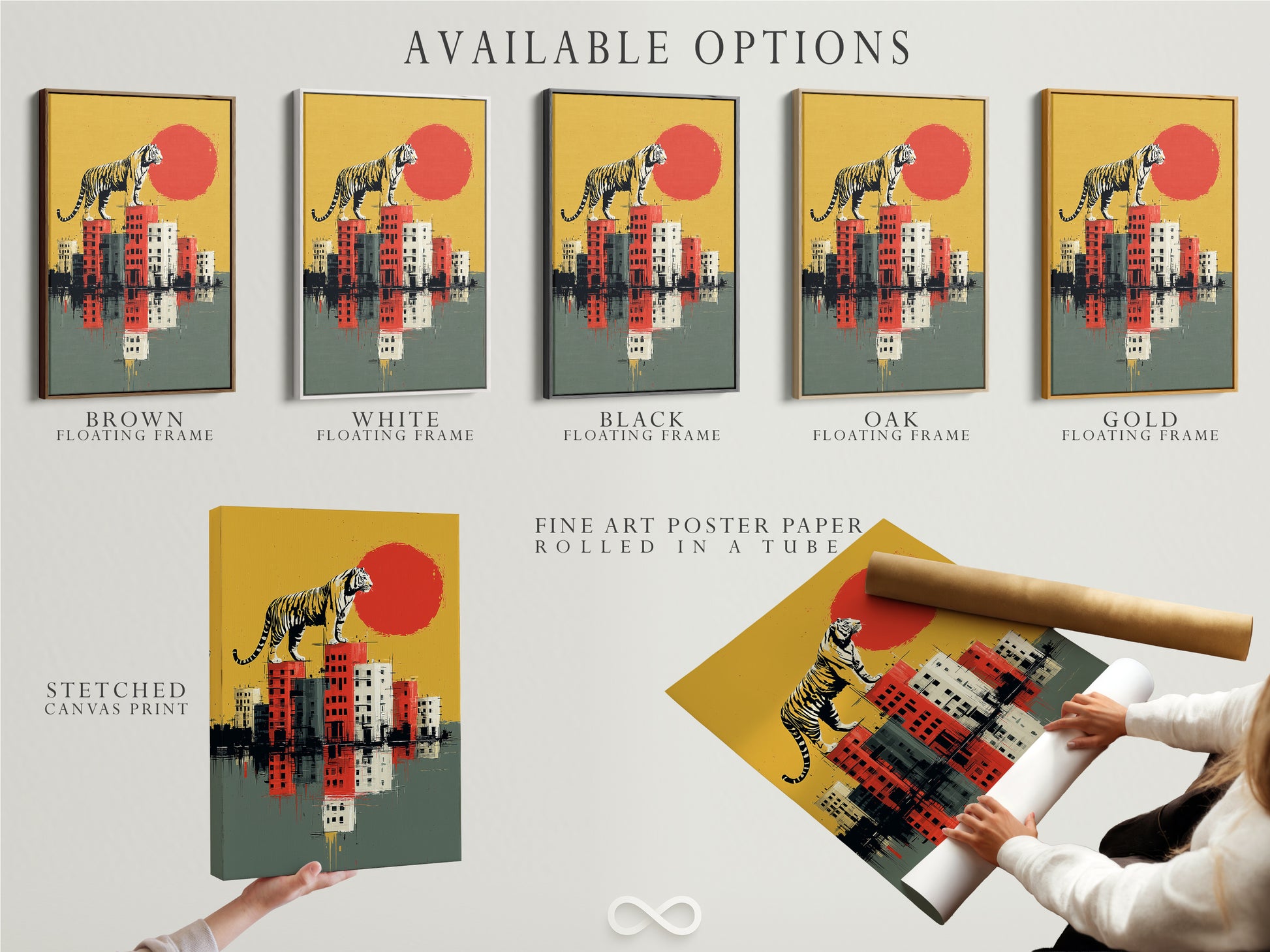 Various available options are showcased. Stretched canvas prints fine art poster paper and floating frames. Customize your Tiger City artwork to your liking. Choose the perfect medium for your urban wildlife art. Transform your space with modern canvas art. Explore the possibilities for surreal wall art.