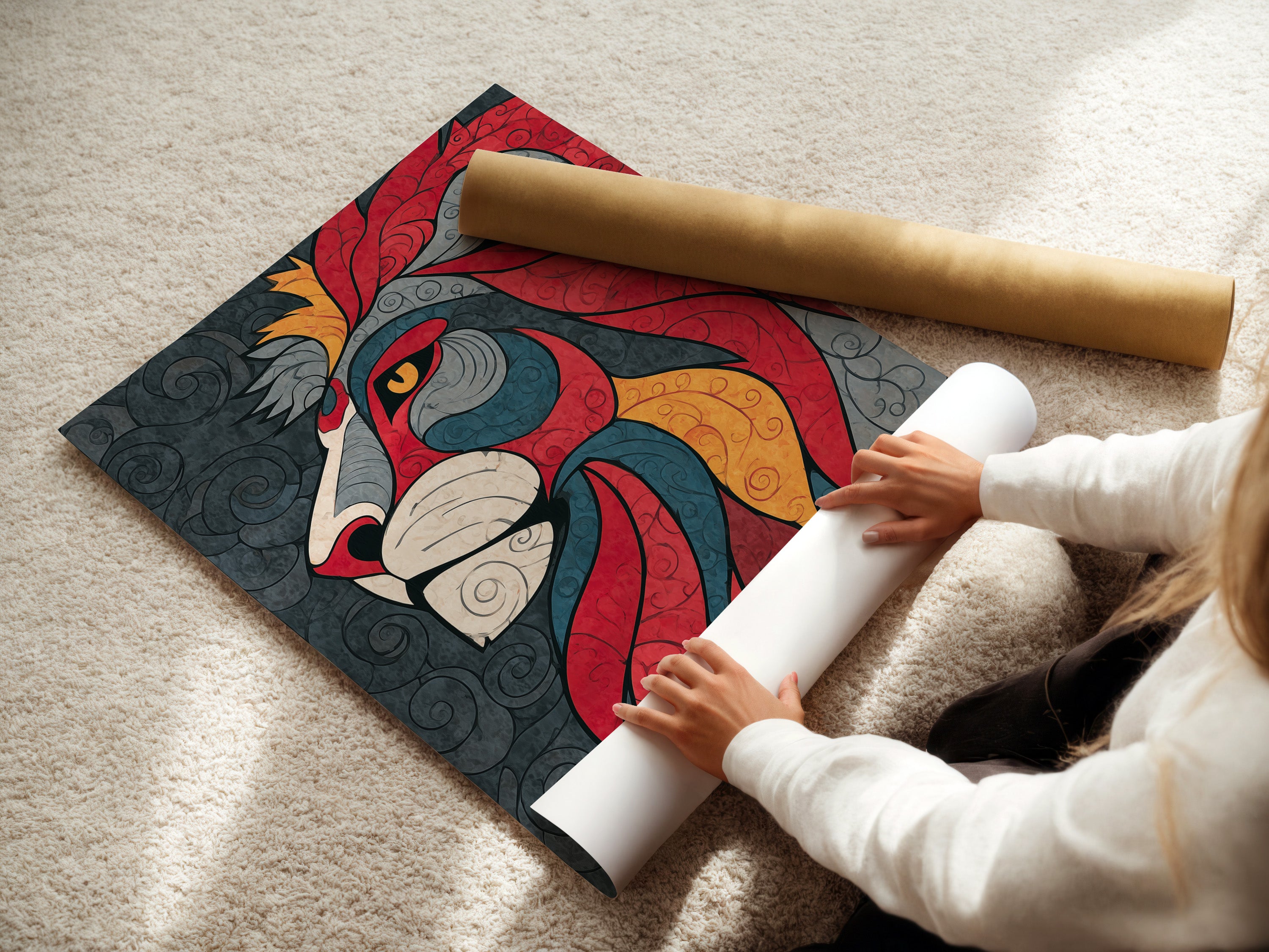 A woman is carefully rolling a fine art poster paper. The high-quality paper ensures that the artwork will look its best. This allows for easy storage and transportation of your art. This is ideal for preserving your favorite pieces. She is preserving and protecting the artwork.