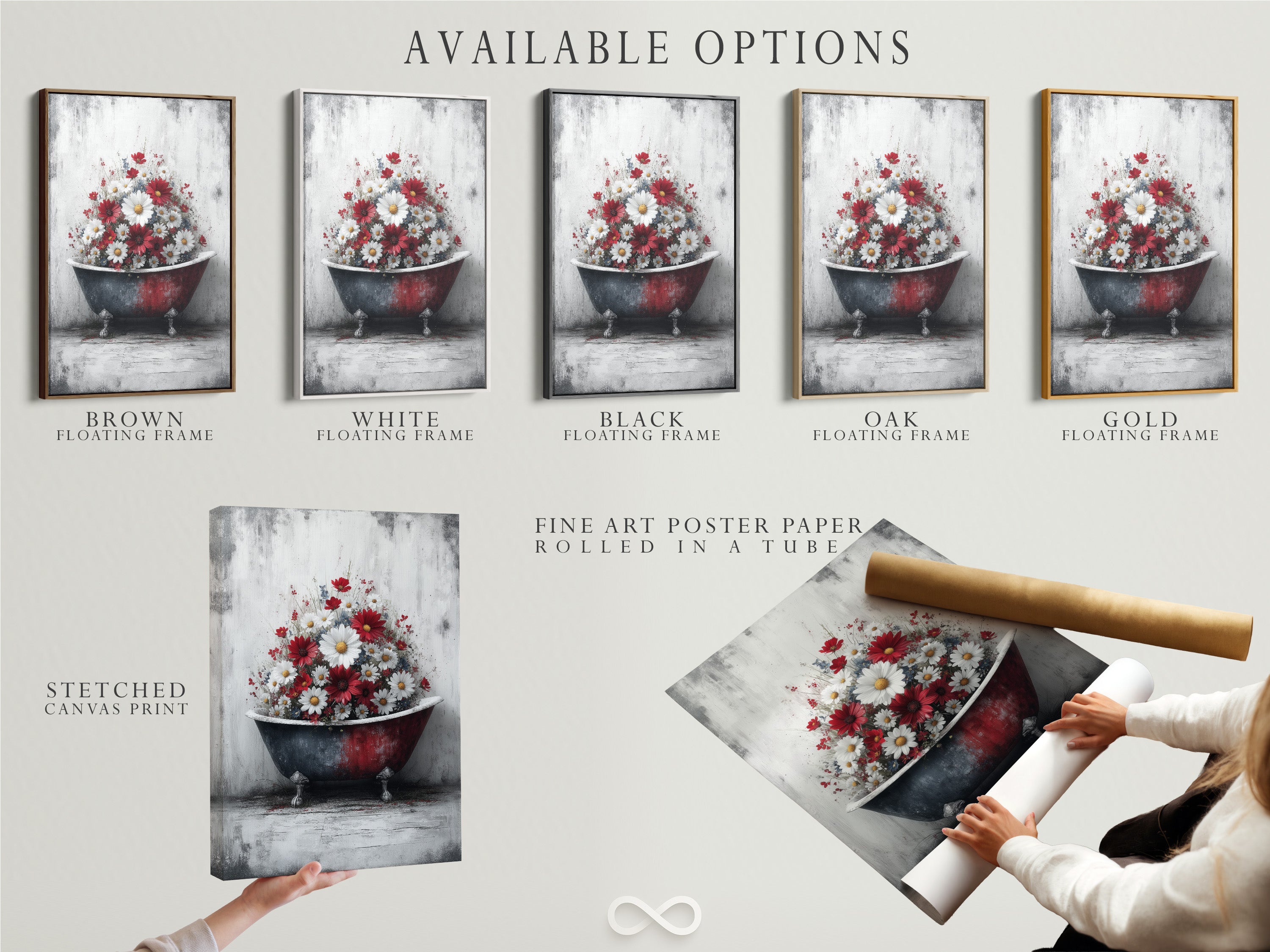 Available options for vintage bathtub floral artwork include stretched canvas prints fine art poster paper and floating frames. Customize your bathroom decor with our versatile art options. Find the perfect style today.