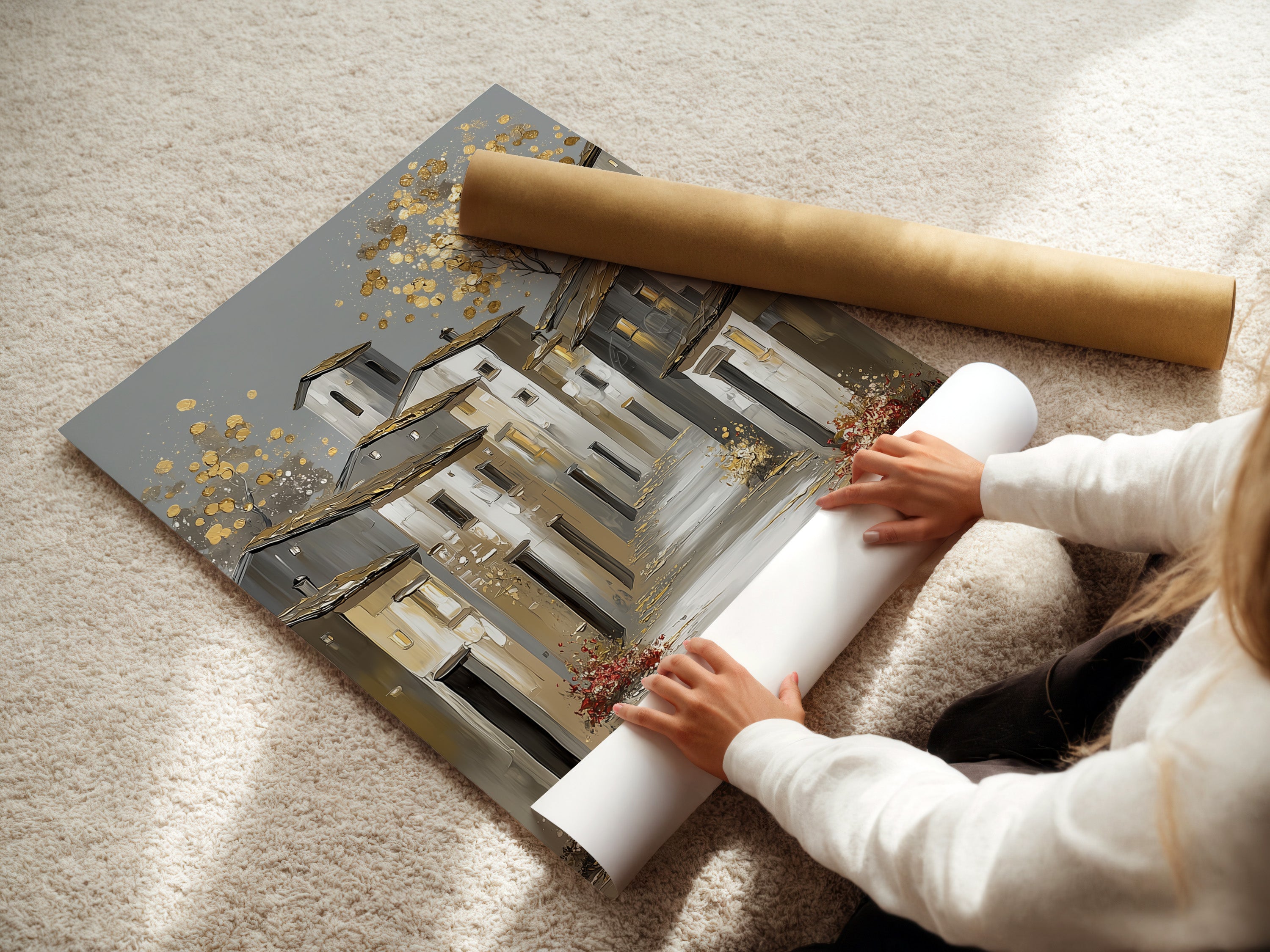 A woman is carefully rolling a fine art poster paper. The fine art poster paper ensures high quality prints. It showcases artwork with exceptional clarity. Perfect for preserving and displaying art.