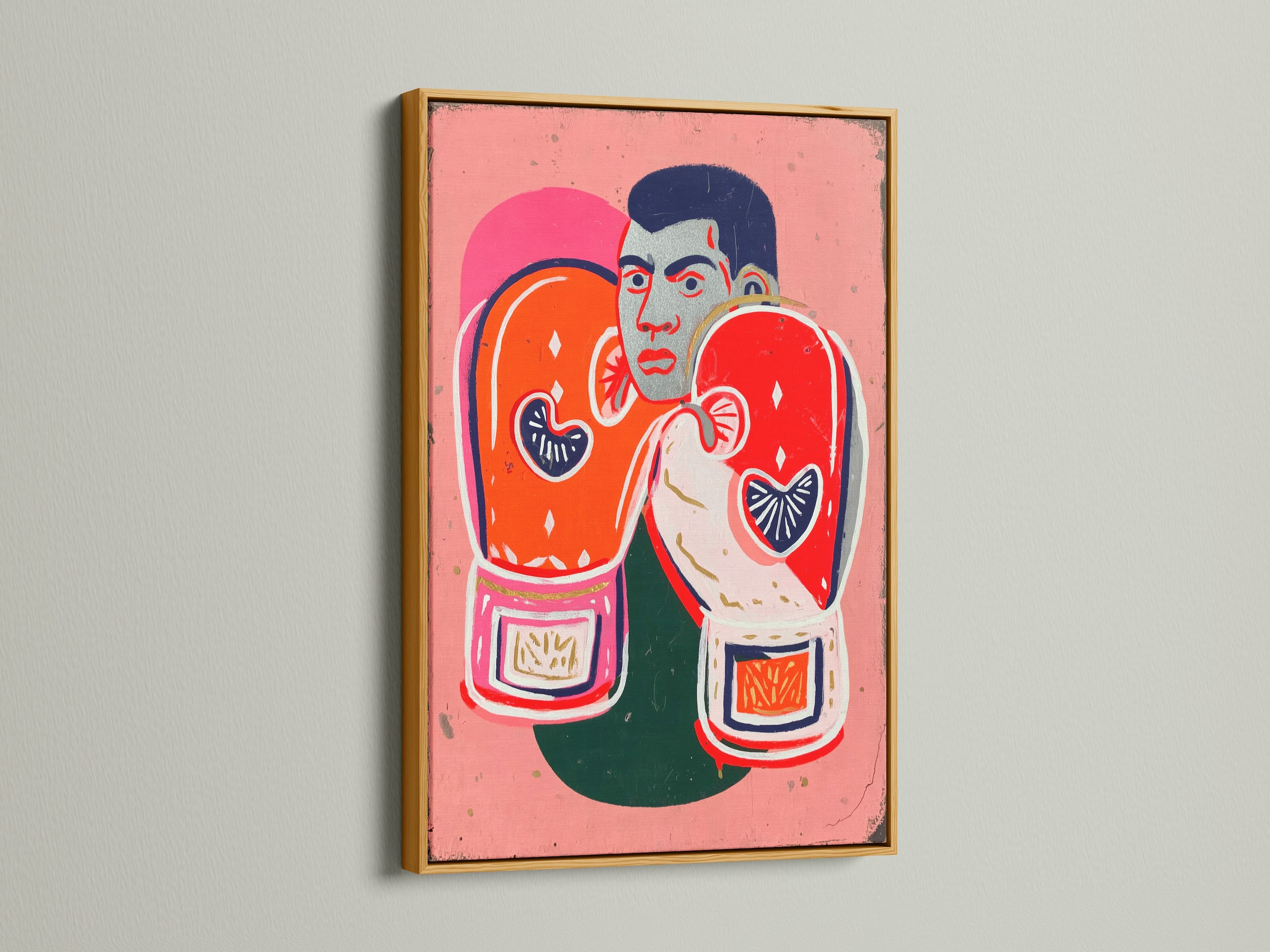 Gold frame enhancing the retro boxing legend artwork. The canvas print features a boxer with striking orange gloves. The primary color is orange and secondary pink. A perfect gift for sports fans or athletes.