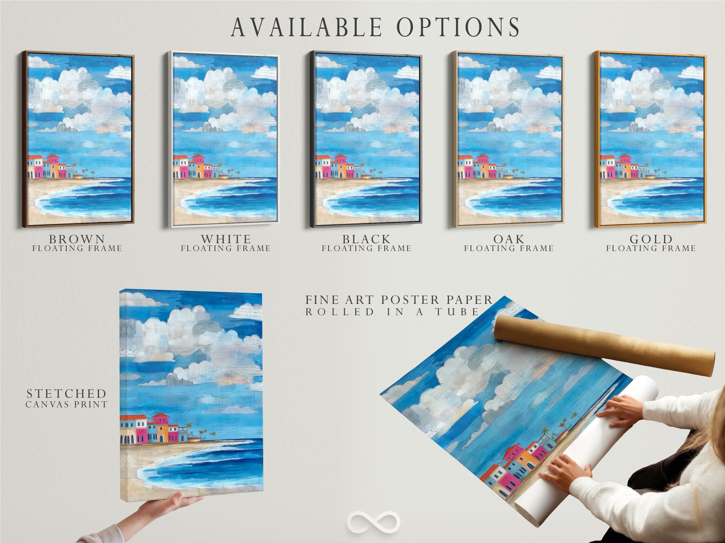 Available options for coastal beach artwork are displayed. Choose between a stretched canvas print fine art poster paper or a floating frame. The artwork features colorful beach houses.