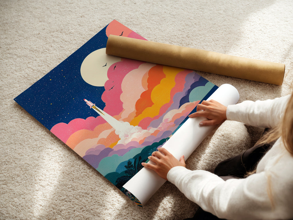 A woman is carefully rolling a fine art poster paper. The paper is high-quality and ready for printing. She ensures it's smooth. Protect your art with our premium fine art paper. Preserve your artwork for years to come.