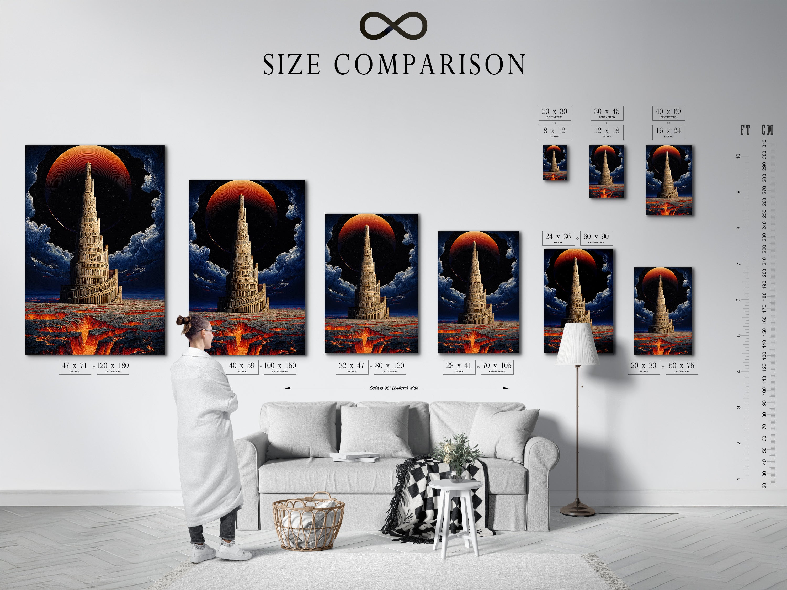 A size comparison chart is shown. See how the Tower of Babel art print looks in different sizes. Visualize the impact of this surreal wall art in your space. Find the perfect fit for your office or living room. Various sizes available.
