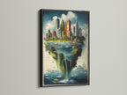 A cityscape island artwork showcased in a sleek black frame. The urban landscape fantasy print brings a modern touch. The black frame adds sophistication. It emphasizes the artwork's vibrant colors. This unique wall art is ideal for contemporary homes and offices. It is a stylish decor choice.