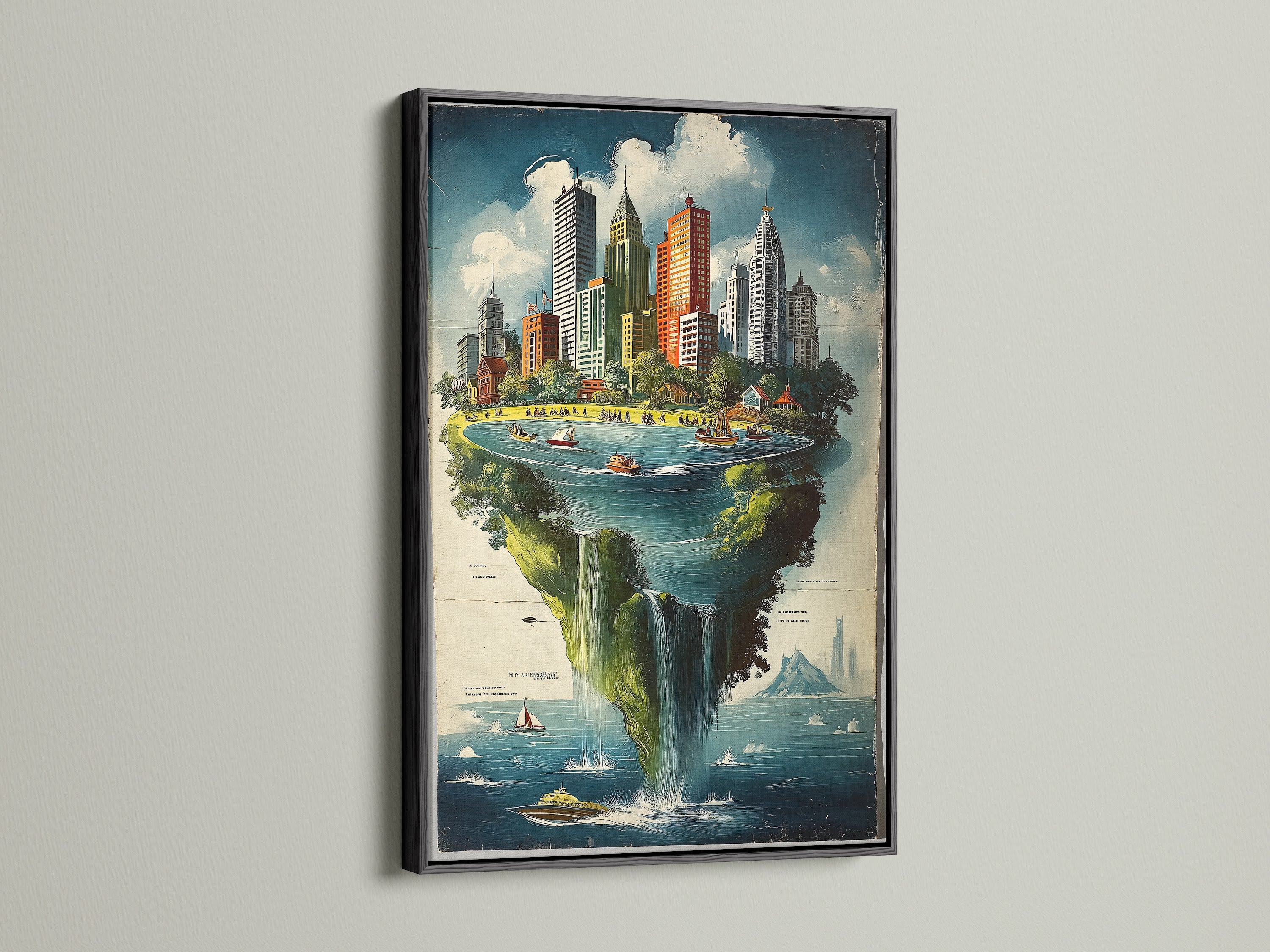 A cityscape island artwork showcased in a sleek black frame. The urban landscape fantasy print brings a modern touch. The black frame adds sophistication. It emphasizes the artwork's vibrant colors. This unique wall art is ideal for contemporary homes and offices. It is a stylish decor choice.