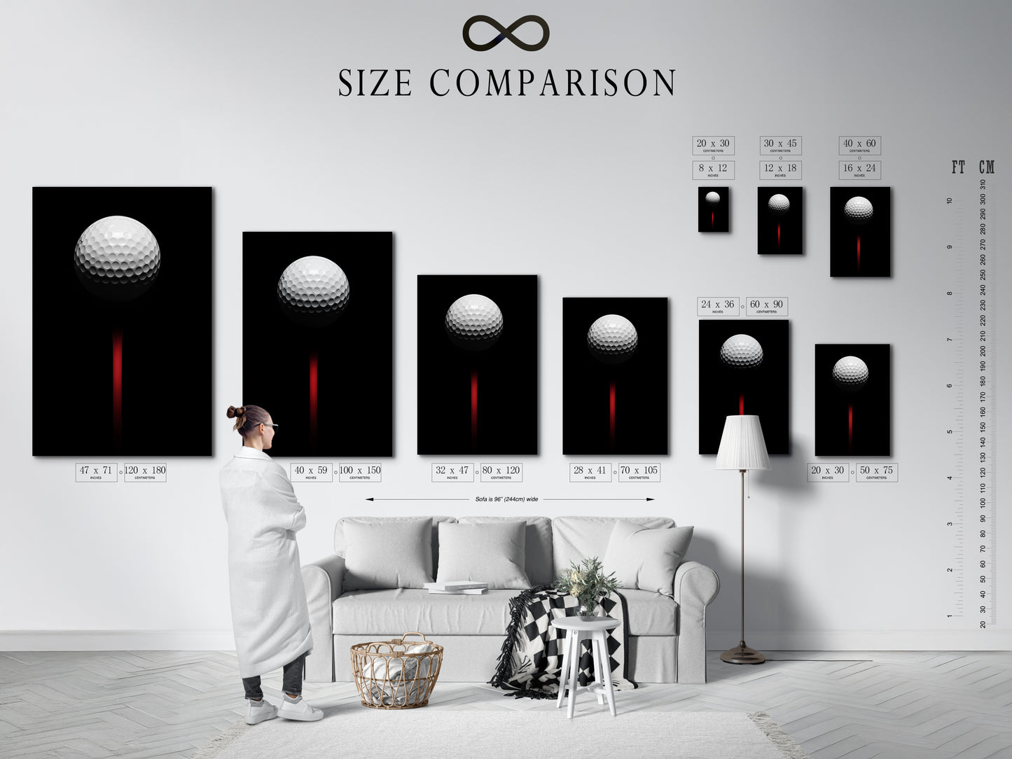 Size comparison chart in an interior setting. See how the golf ball canvas print looks in different sizes.  Find the perfect fit for your man cave or office. This is modern sports art at its finest.