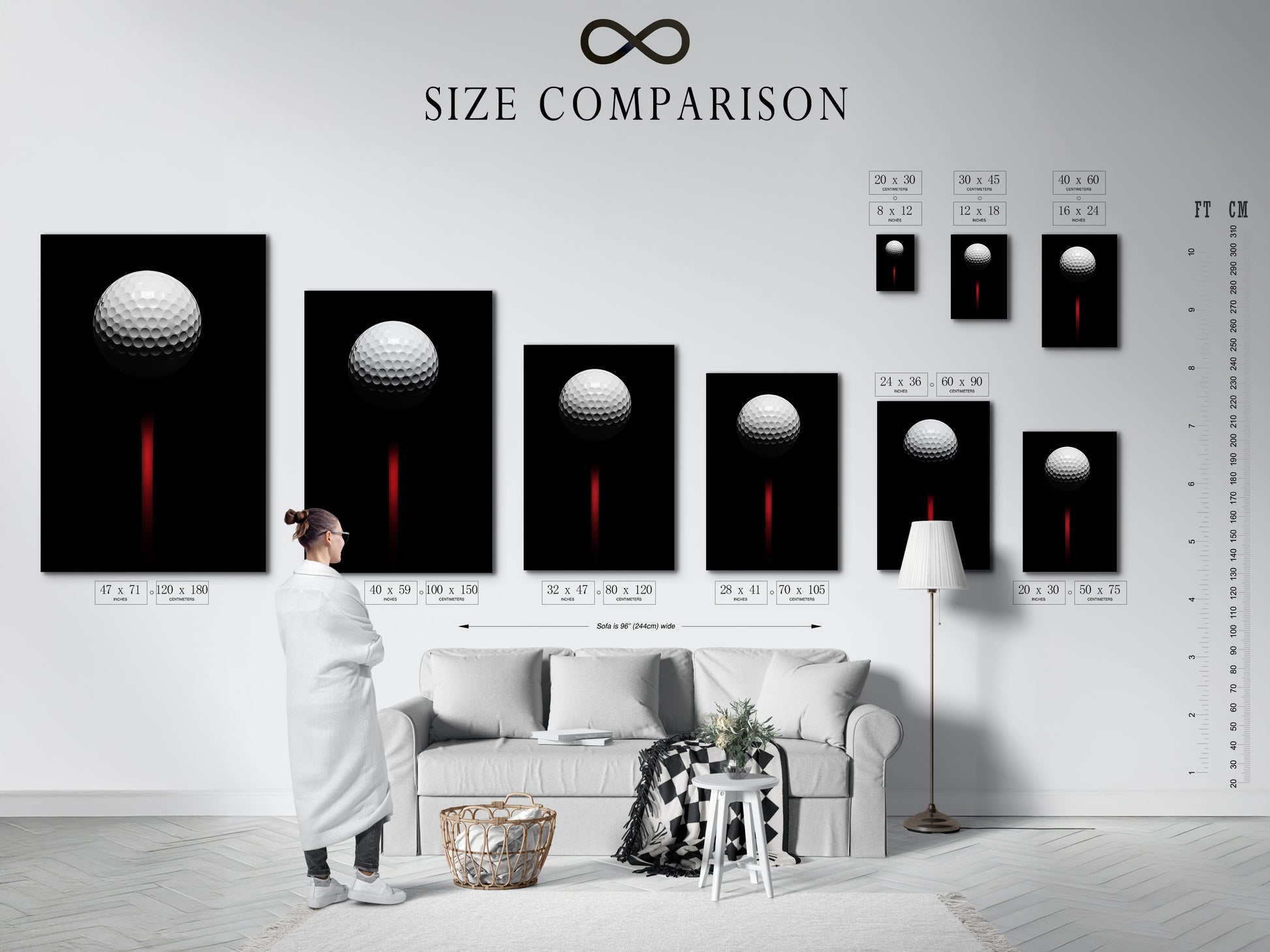 Size comparison chart in an interior setting. See how the golf ball canvas print looks in different sizes.  Find the perfect fit for your man cave or office. This is modern sports art at its finest.