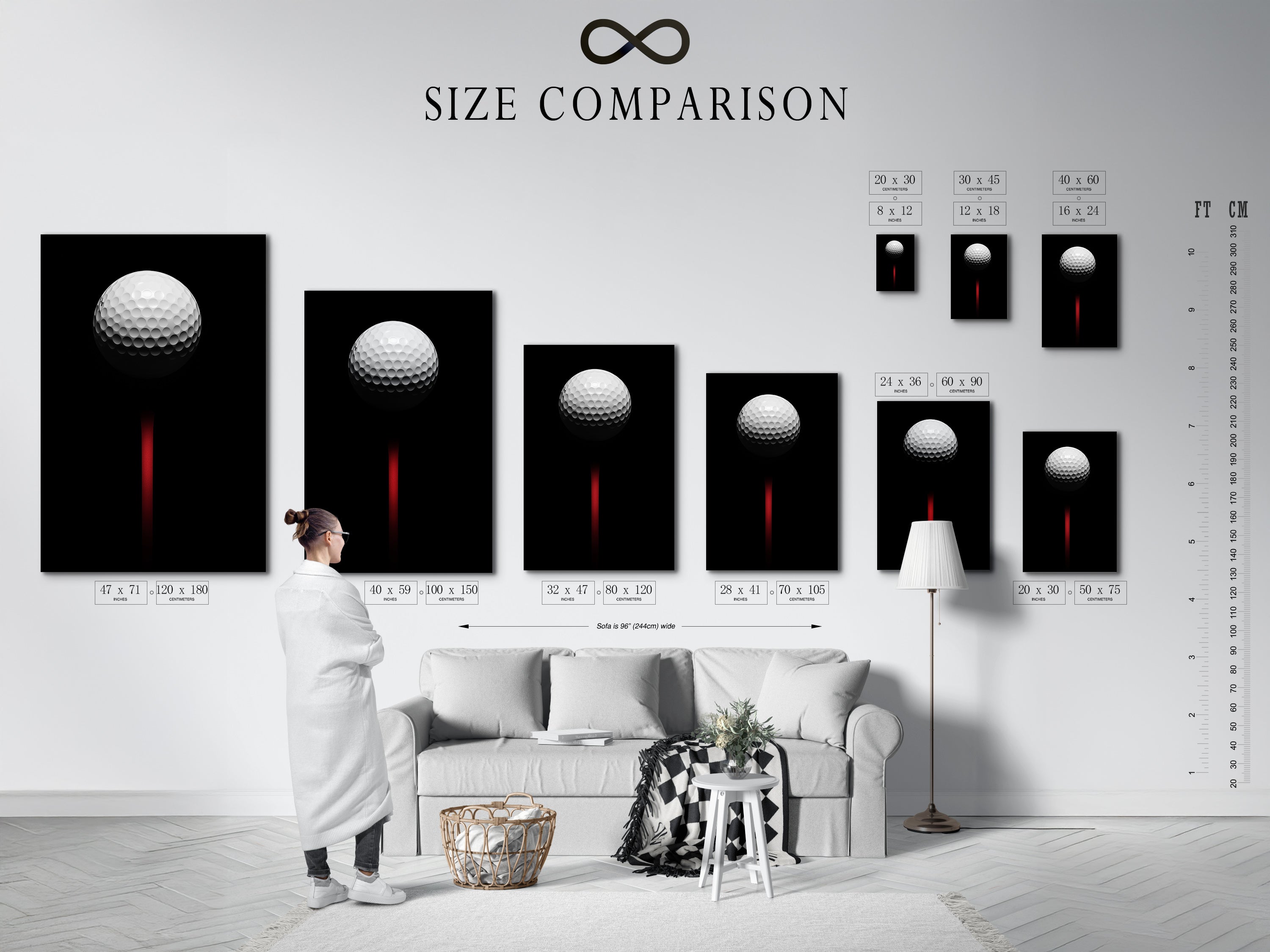 Size comparison chart in an interior setting. See how the golf ball canvas print looks in different sizes.  Find the perfect fit for your man cave or office. This is modern sports art at its finest.