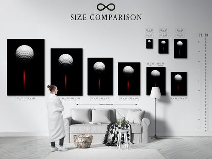 Size comparison chart in an interior setting. See how the golf ball canvas print looks in different sizes.  Find the perfect fit for your man cave or office. This is modern sports art at its finest.