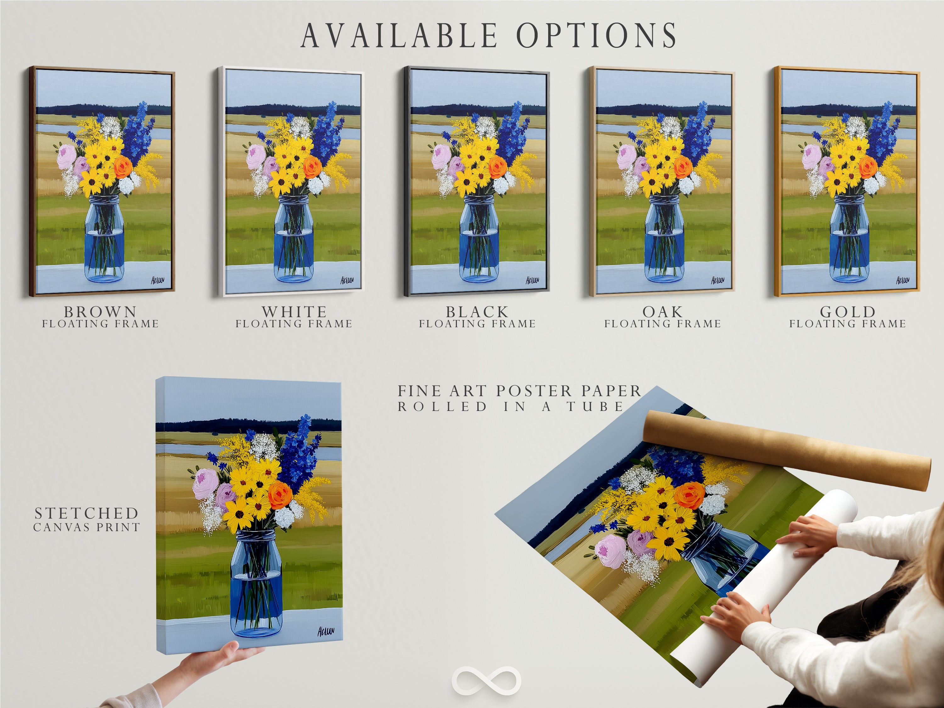 Explore the available options for this wildflower bouquet artwork. Choose from a stretched canvas print fine art poster paper or a floating frame. Find the perfect style to match your taste and decor.