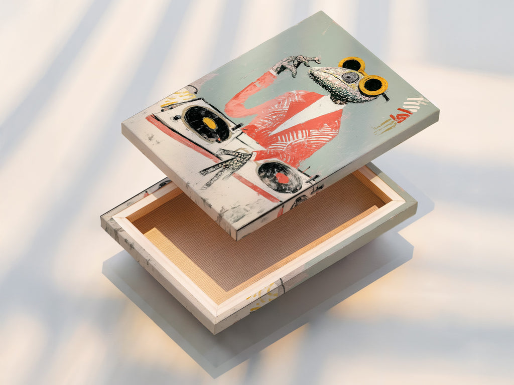 A stretched canvas print of the Frog DJ art is displayed. The stretched canvas print enhances the funny animal canvas print. It is ready to hang as living room wall art. The texture adds depth to the retro music poster and quirky animal artwork.