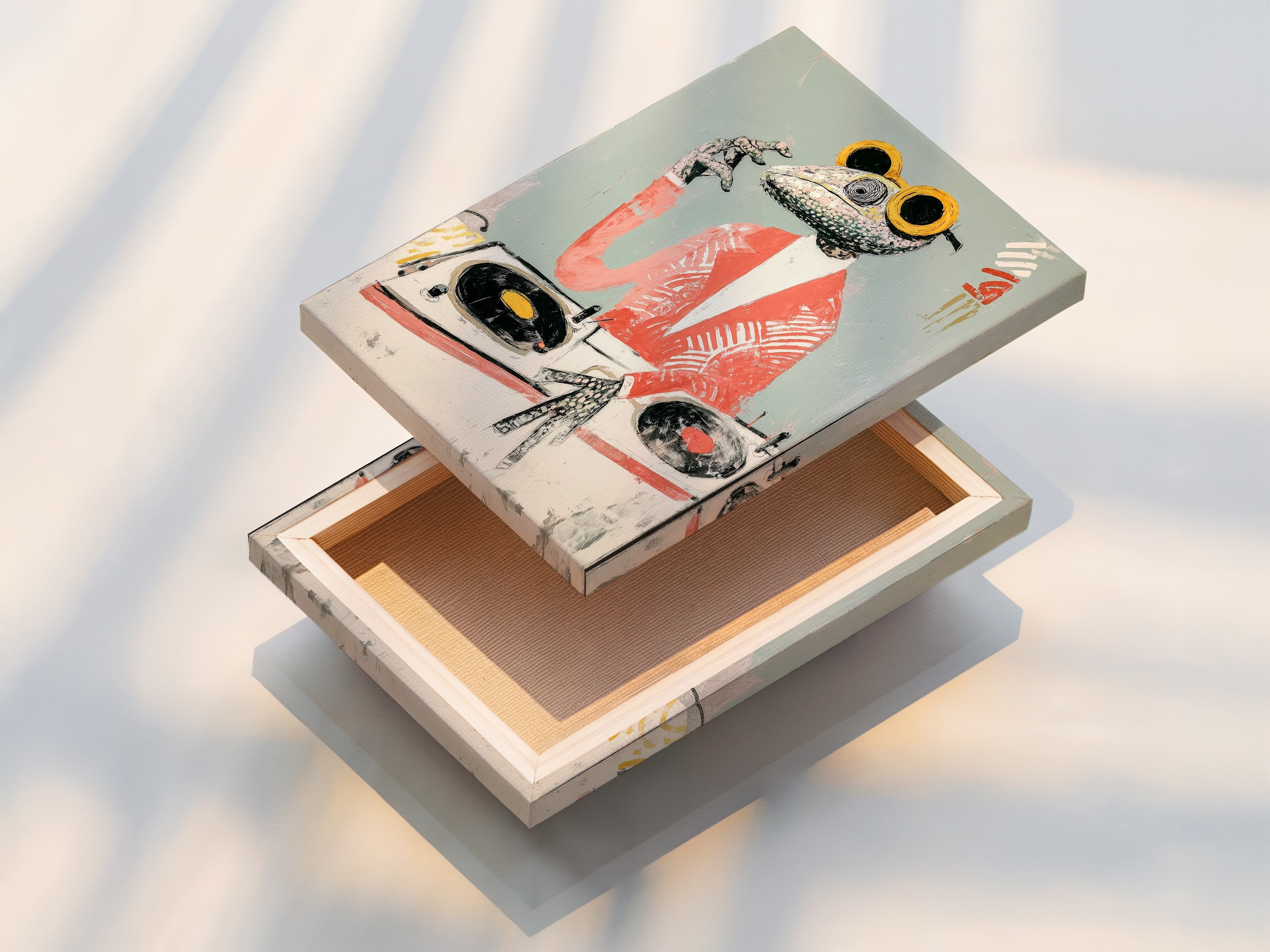 A stretched canvas print of the Frog DJ art is displayed. The stretched canvas print enhances the funny animal canvas print. It is ready to hang as living room wall art. The texture adds depth to the retro music poster and quirky animal artwork.