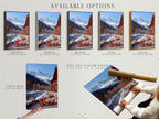 Available options are displayed for mountain chalet artwork. Choose from stretched canvas prints fine art poster paper or floating frames. The snowy Alps landscape is perfect for rustic decor. Enhance your space with this lodge artwork for cabin decor.