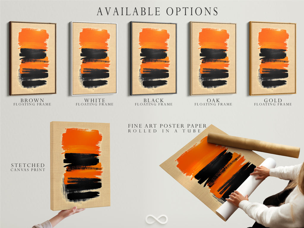 Explore the available options for our Abstract Brush Stroke Art. Choose between a stretched canvas print fine art poster paper or a floating frame. Customize your artwork to match your style. Find the perfect piece for your space.