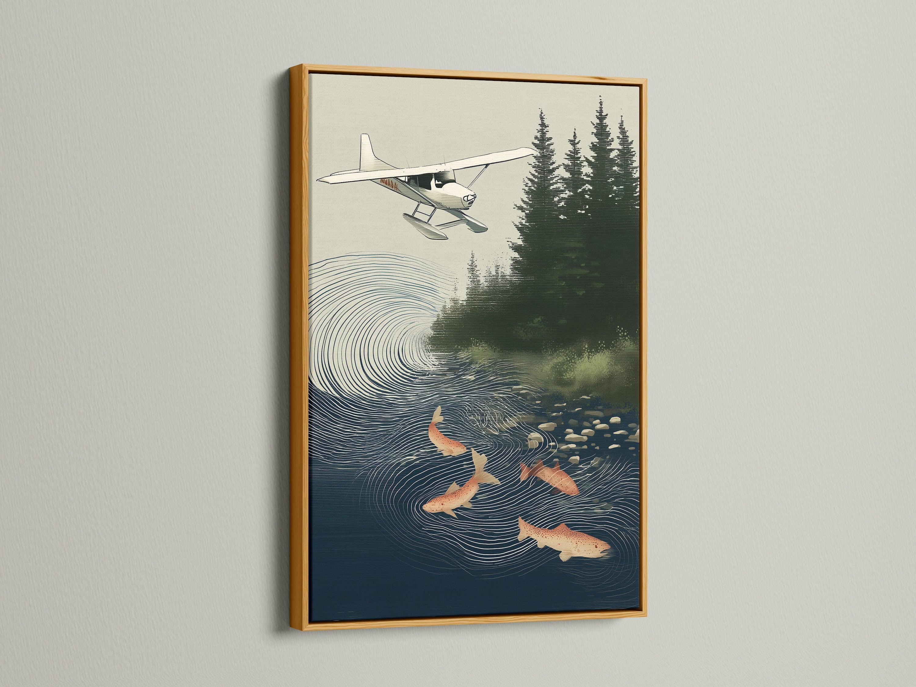 Gold frame featuring the Seaplane & Salmon artwork. The aviation art adds a classic touch to any room. This sportsman gift complements man cave artwork. It is ideal for study decor. This rustic wall decor enhances any space.