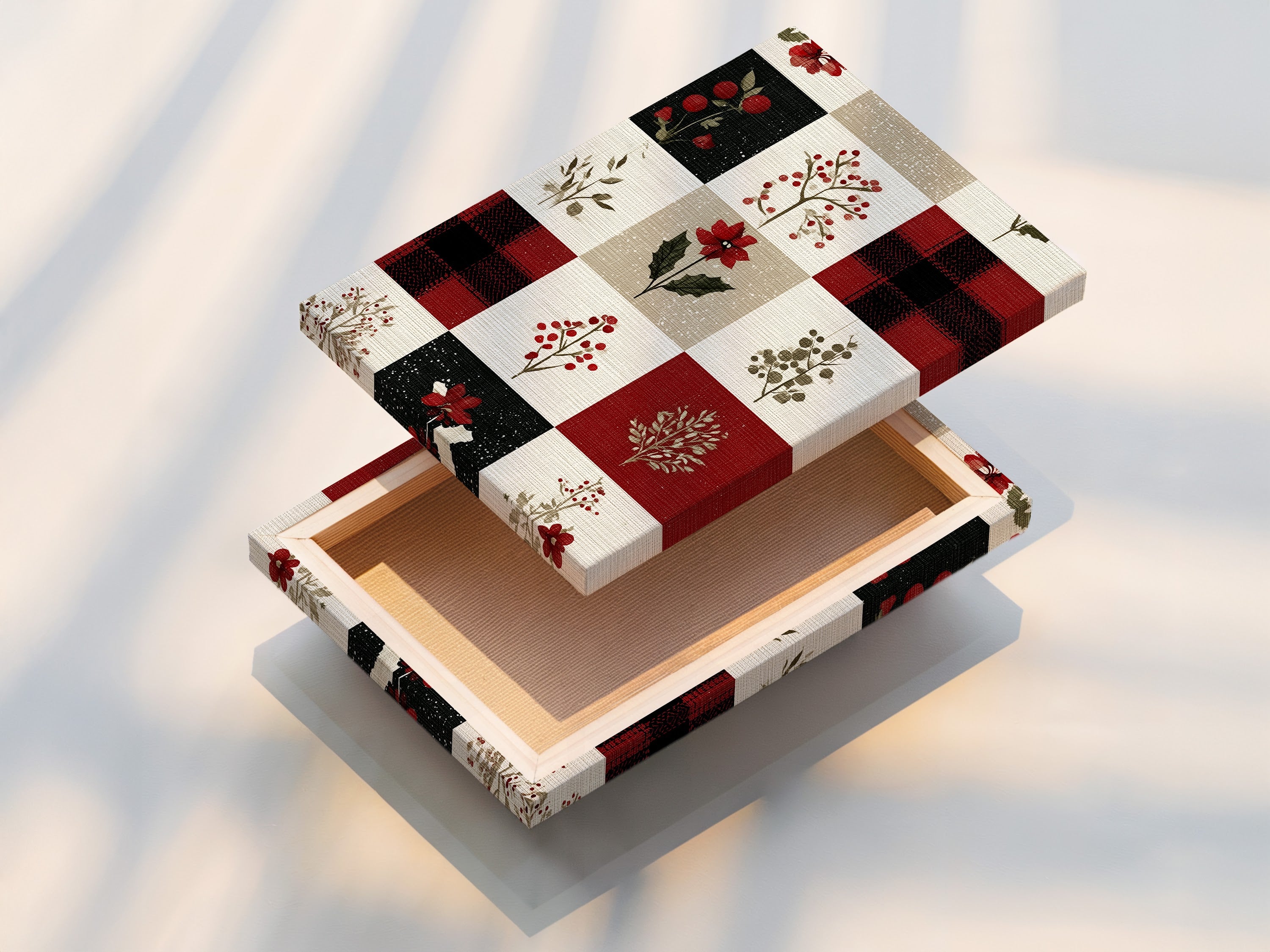 This is a stretched canvas print of floral artwork. The artwork showcases a grid pattern. Each square within the grid contains unique artwork. The artwork includes floral patterns and plaid artwork. It's ready to hang and display.