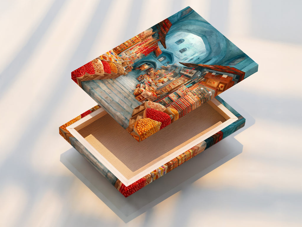 A stretched canvas print of the Spice Market artwork. The canvas brings the Middle Eastern bazaar to life. The vibrant colors and detailed scenes are captivating. This artwork is ready to hang.