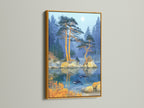 Orca Lake artwork is framed in a gold frame. The artwork presents a serene lake scene with pine trees and orcas. The gold frame adds a touch of luxury and glamour. This framed artwork brings a touch of elegance to your interior decor. Ideal for adding warmth to your home.