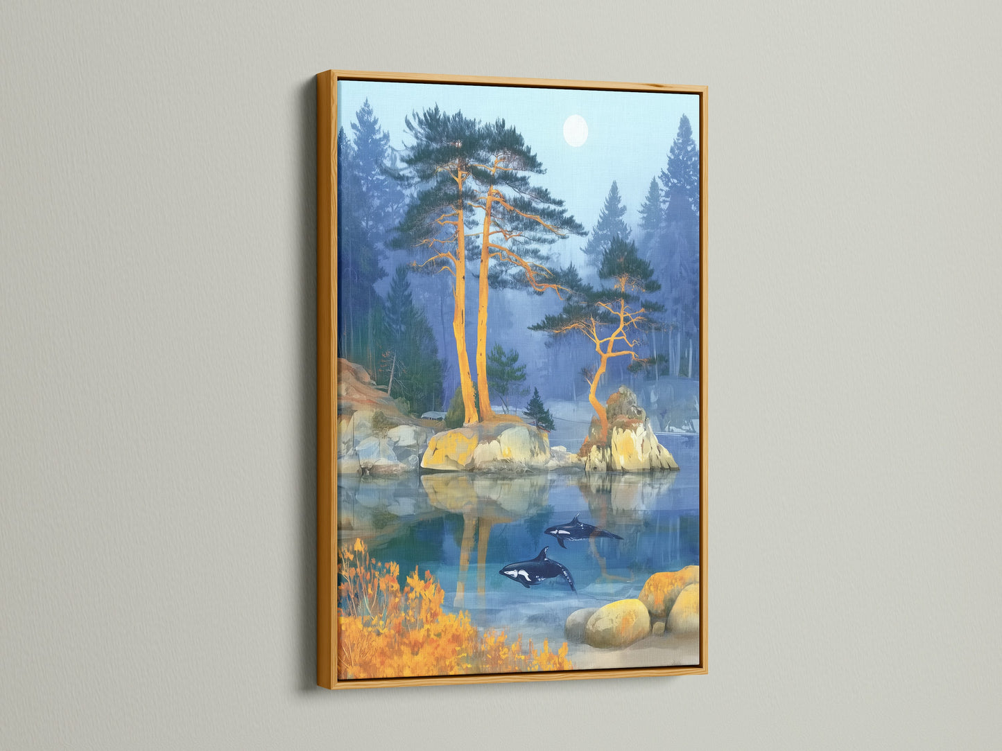 Orca Lake artwork is framed in a gold frame. The artwork presents a serene lake scene with pine trees and orcas. The gold frame adds a touch of luxury and glamour. This framed artwork brings a touch of elegance to your interior decor. Ideal for adding warmth to your home.