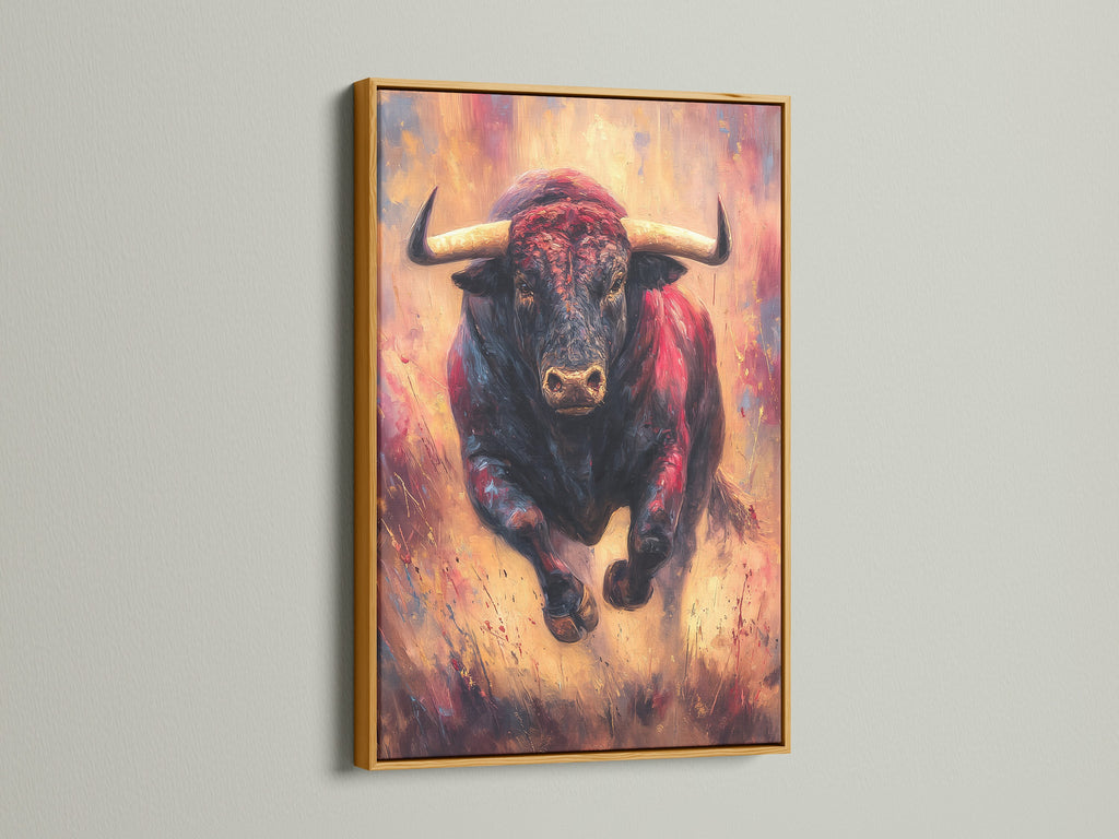 Artwork of a Bull in a gold frame. The shiny gold finish adds a touch of luxury. The artwork is displayed with elegance. Our gold frames bring a touch of glamour to any space. Make your art shine with our gold frames.