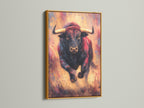 Artwork of a Bull in a gold frame. The shiny gold finish adds a touch of luxury. The artwork is displayed with elegance. Our gold frames bring a touch of glamour to any space. Make your art shine with our gold frames.