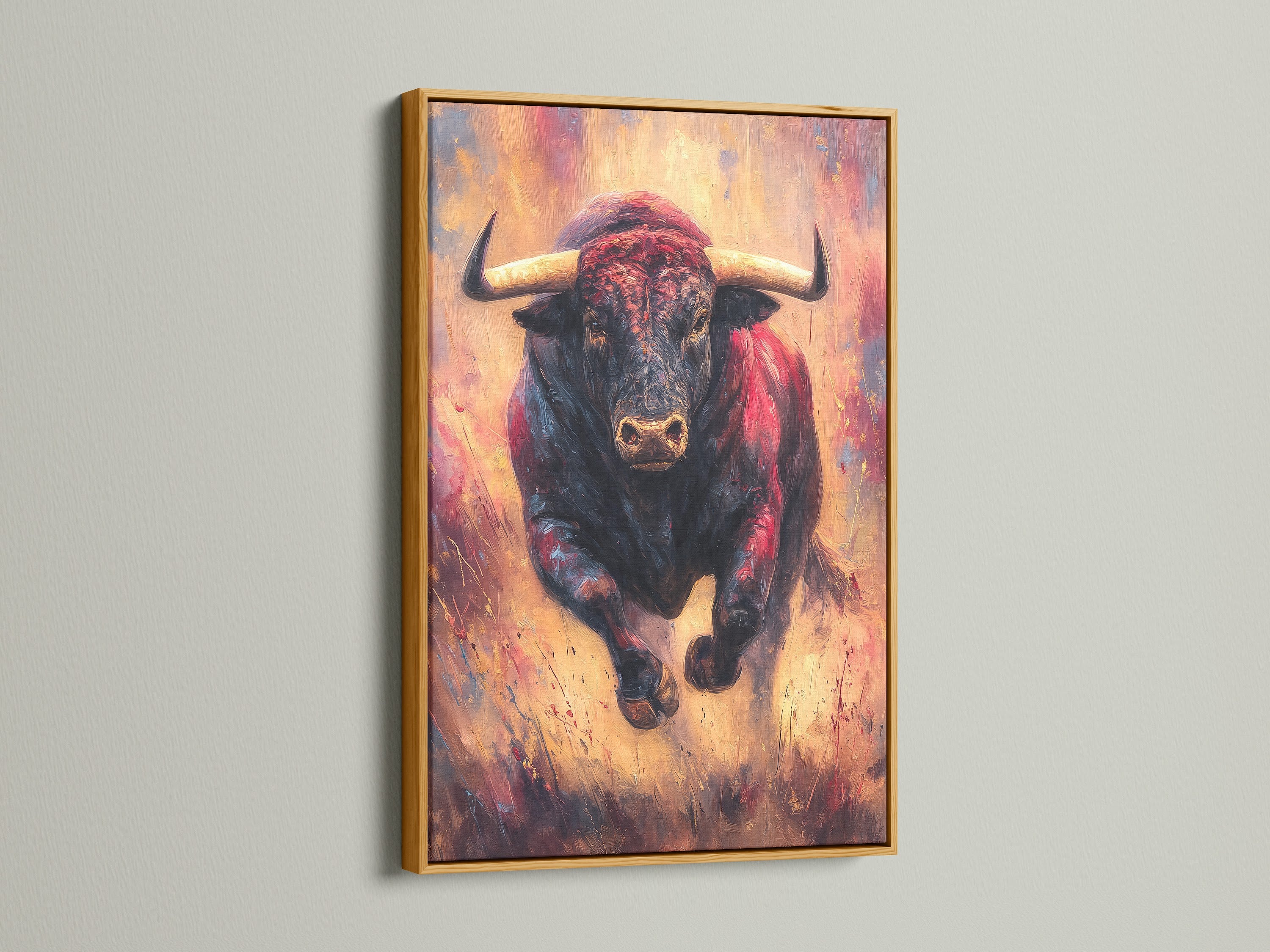 Artwork of a Bull in a gold frame. The shiny gold finish adds a touch of luxury. The artwork is displayed with elegance. Our gold frames bring a touch of glamour to any space. Make your art shine with our gold frames.