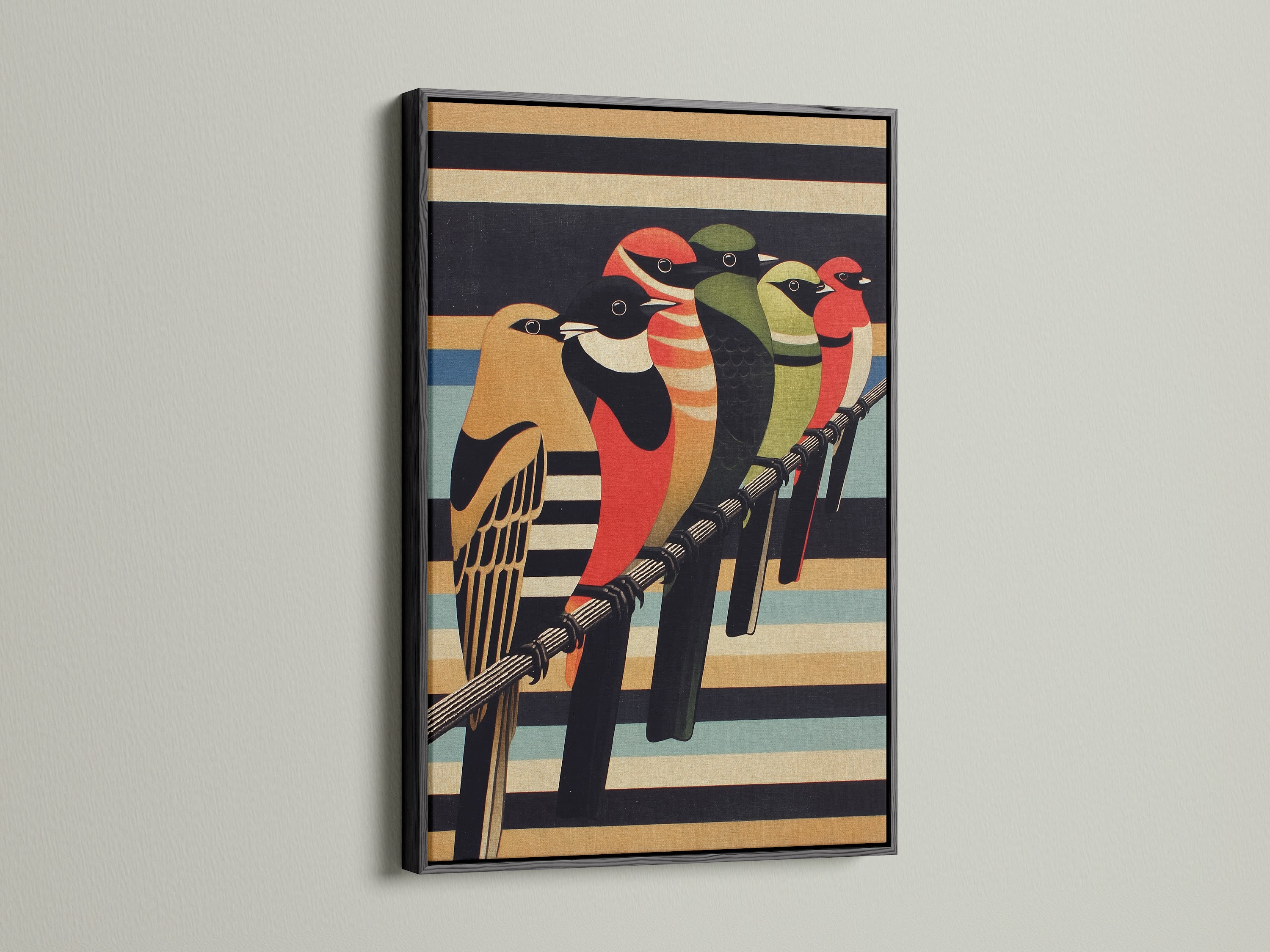 Elegant bird artwork showcased in a sleek black frame. The colorful avian poster stands out against the dark frame. Perfect for modern and retro decor. Elevate your space with vintage wall art. Shop now for bird artwork.