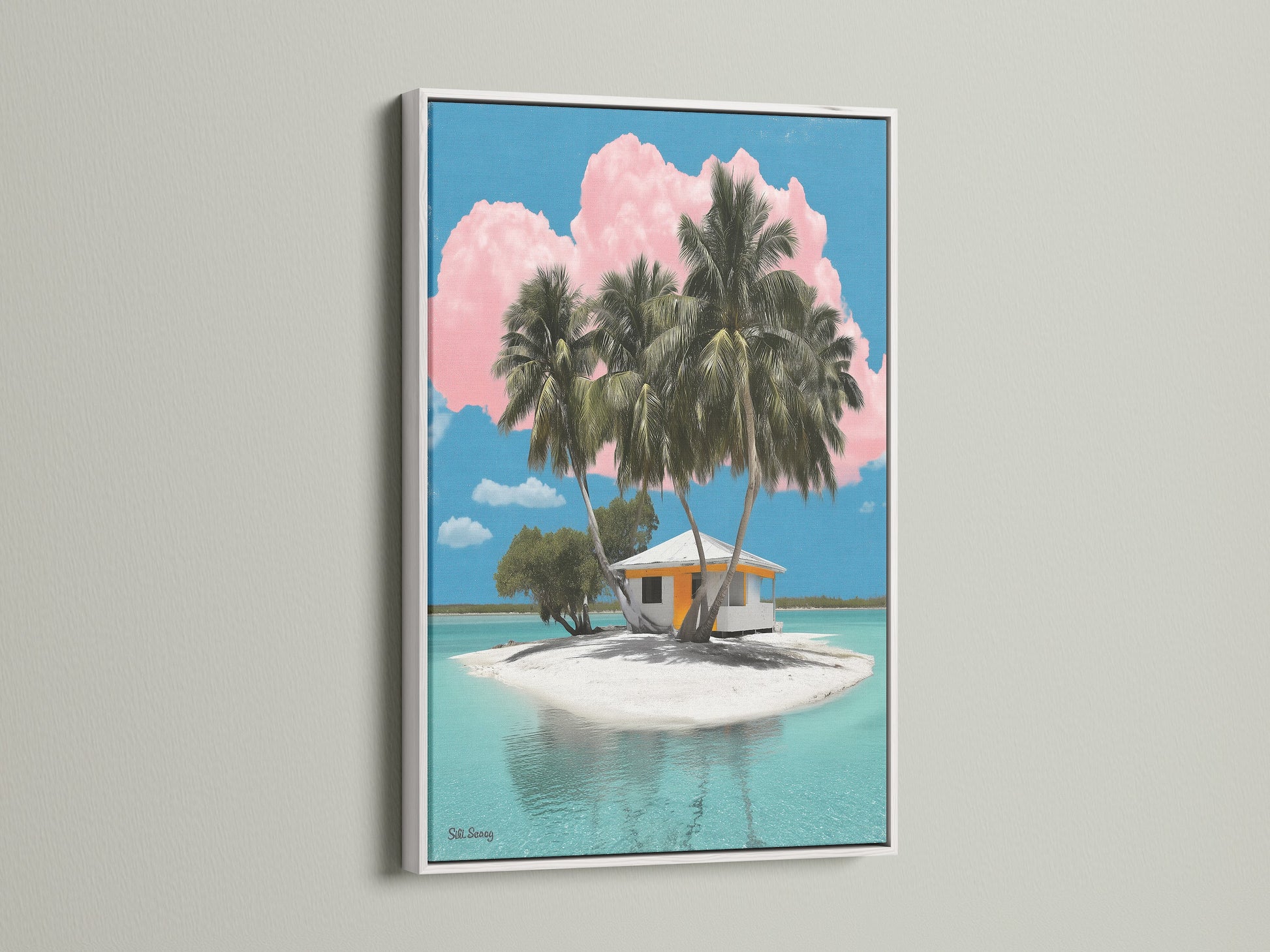 Showcasing our tropical island artwork in a clean white frame. The white frame offers a modern contrast to the turquoise waters and pink clouds. This artwork brings a fresh coastal vibe. It is perfect for brightening any room with a touch of island charm.