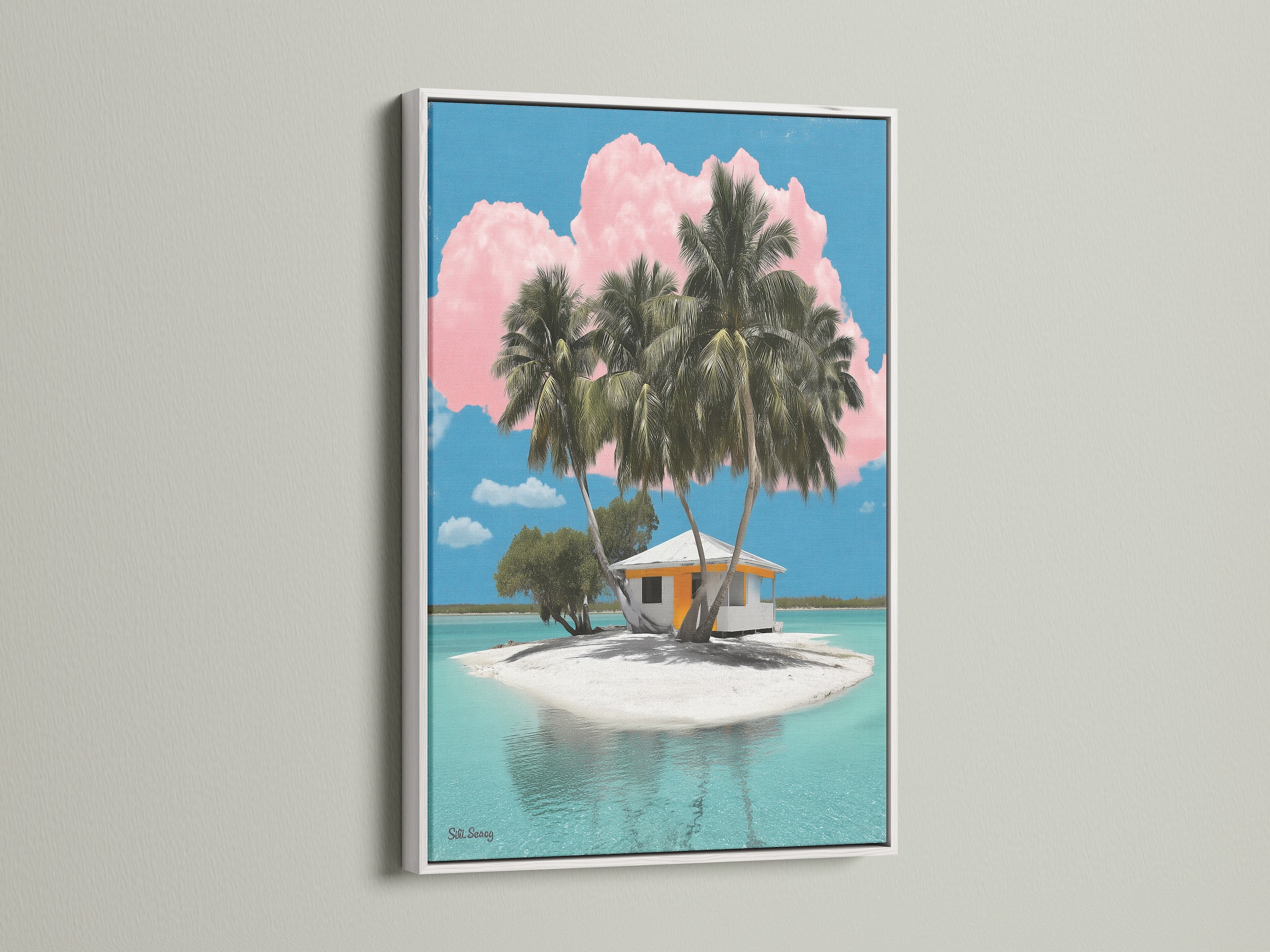 Showcasing our tropical island artwork in a clean white frame. The white frame offers a modern contrast to the turquoise waters and pink clouds. This artwork brings a fresh coastal vibe. It is perfect for brightening any room with a touch of island charm.