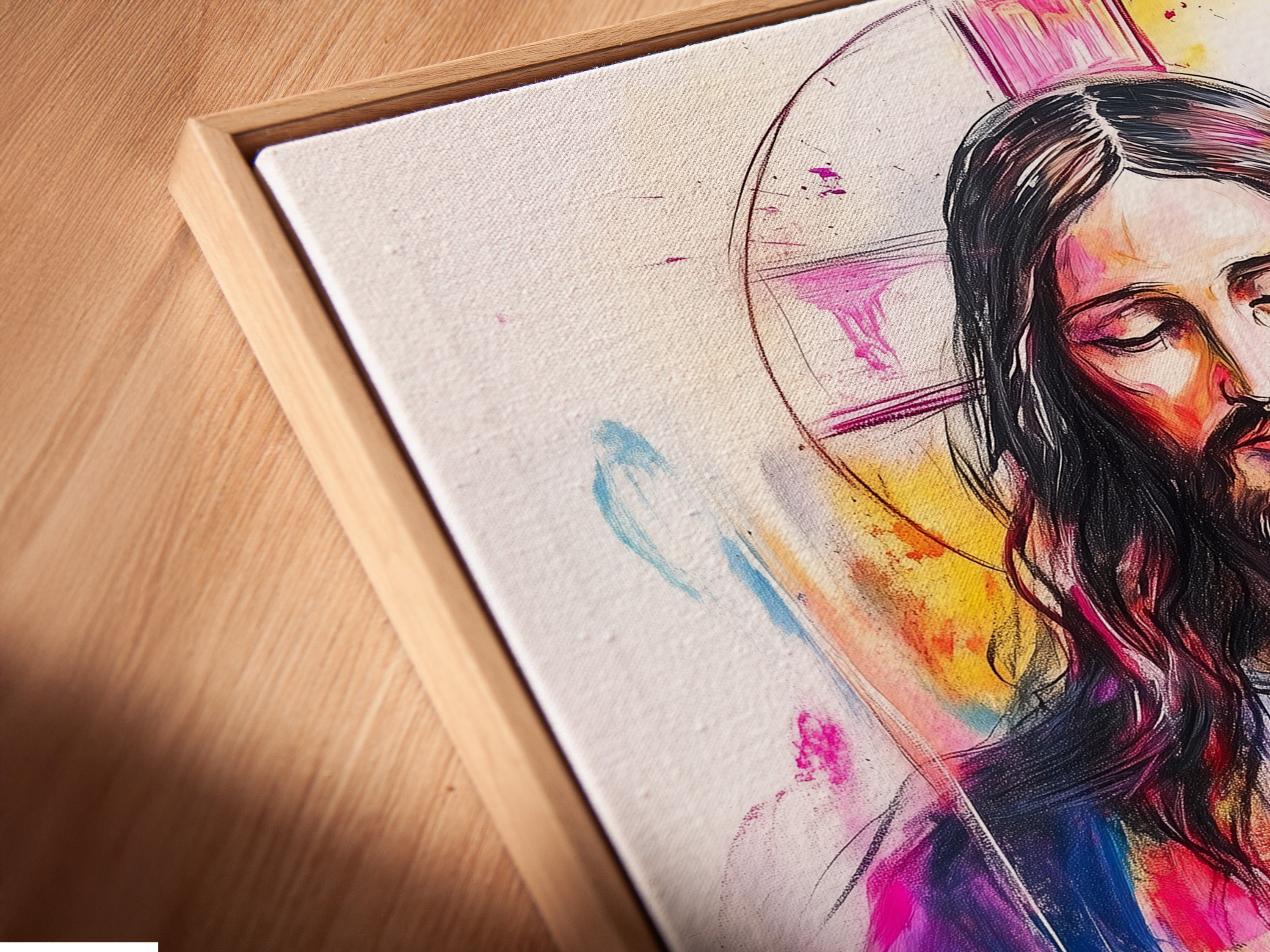 A detailed shot shows a canvas print in a floating frame. The floating frame creates a modern gallery look. It enhances the artwork's depth. Discover the unique appeal of floating frames for your canvas art.