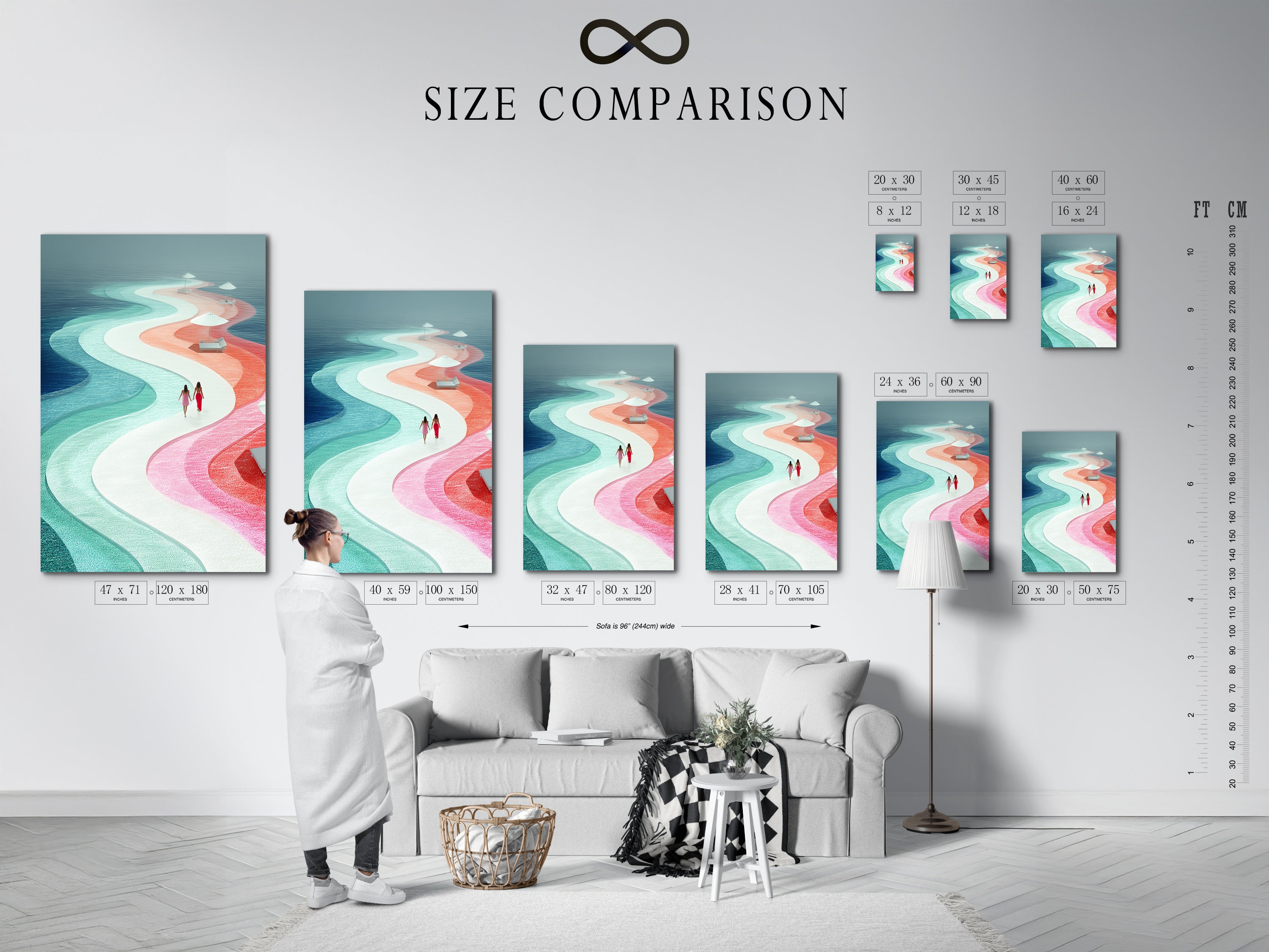 A size comparison chart is displayed in an interior setting. This helps you visualize the perfect size for your artwork. Choose from various sizes for abstract beach artwork. Find the ideal fit for your coastal wall art. Ensure your modern ocean wave print complements your space perfectly.