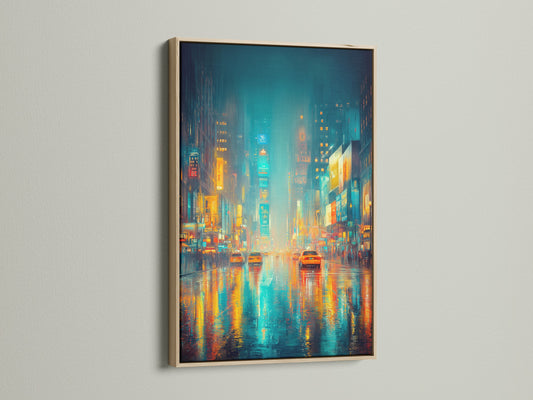 Cityscape art in an oak frame. This urban canvas showcases a rainy night. The neon lights reflect on the wet city streets. A stylish piece for any modern living room wall. The primary color is orange. The secondary color is blue.