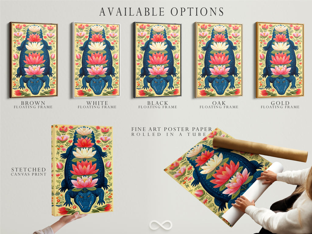 Explore available options for the Alligator artwork. Choices include stretched canvas prints fine art poster paper and floating frames. This botanical wall art features teal and coral colors. Customize your exotic artwork to match your unique style and decor needs today.