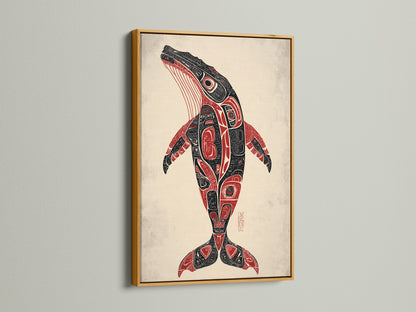 A gold frame highlights this whale art print. The Pacific Northwest native artwork is a cultural treasure. Add indigenous tribal wall art to your home. This is a luxurious touch.