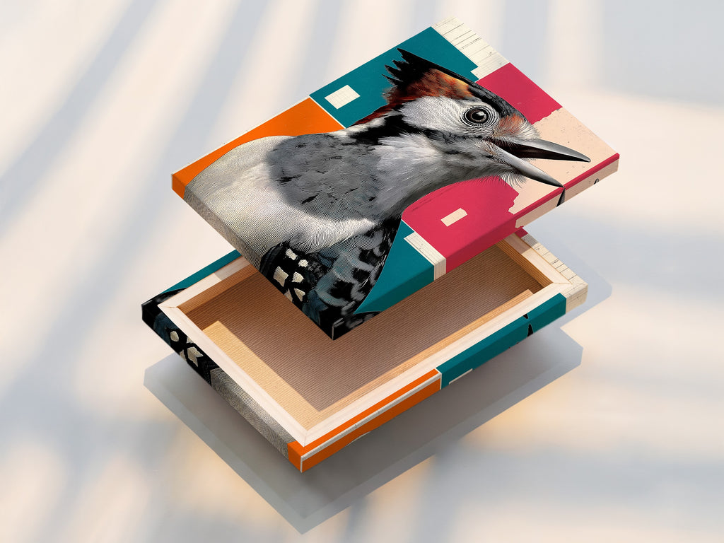 Stretched canvas print showcasing a retro Woodpecker bird artwork. Geometric style gives study room and office a touch of nature. Bird canvas art is perfect for birdwatching gift. Colorful wall art for avian art print and bird lover gift. Vintage bird art for wildlife art.