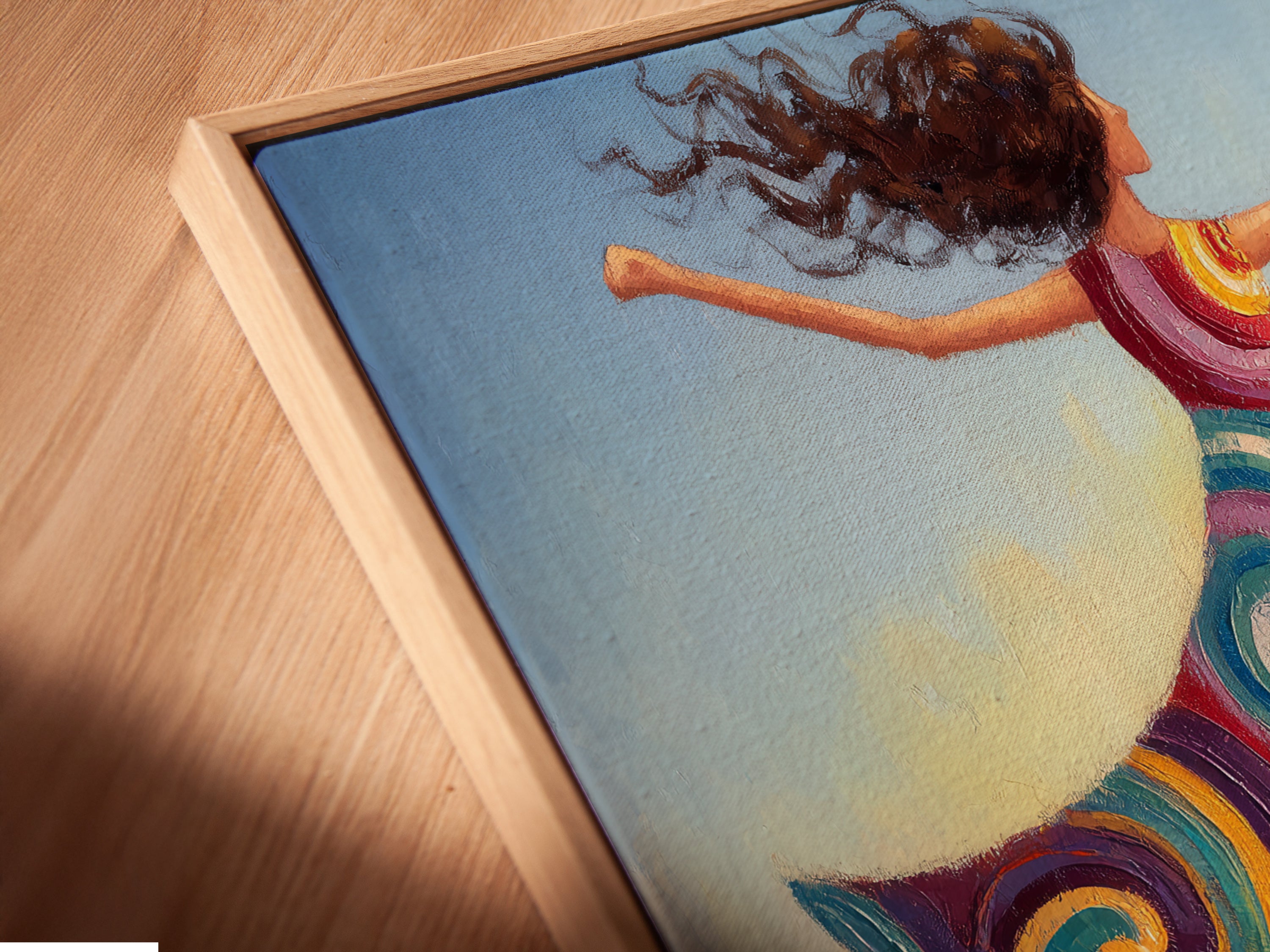A close-up angled view shows the canvas print in a floating frame. The floating frame enhances the bohemian artwork. Perfect for adding a touch of summer vibes to your bedroom wall decor. This surfing art makes a stylish statement.
