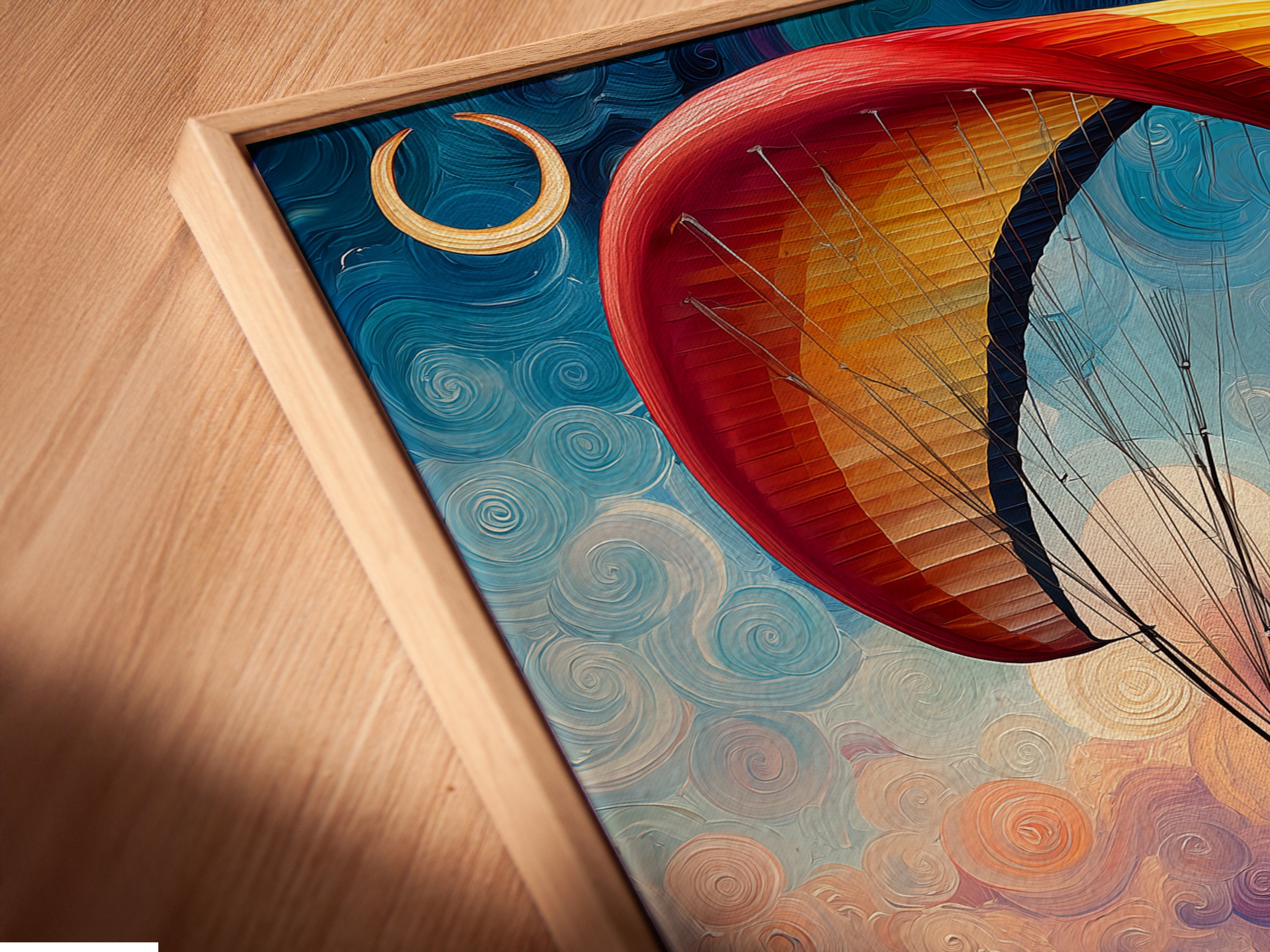 A close-up angled view of the canvas print. The Paragliding art is showcased in a floating frame. The frame enhances the artwork's contemporary appeal. The art features a vibrant coastal scene with blue waters. Perfect for adding a modern touch to any space. This framed canvas print is a captivating piece of wall art.