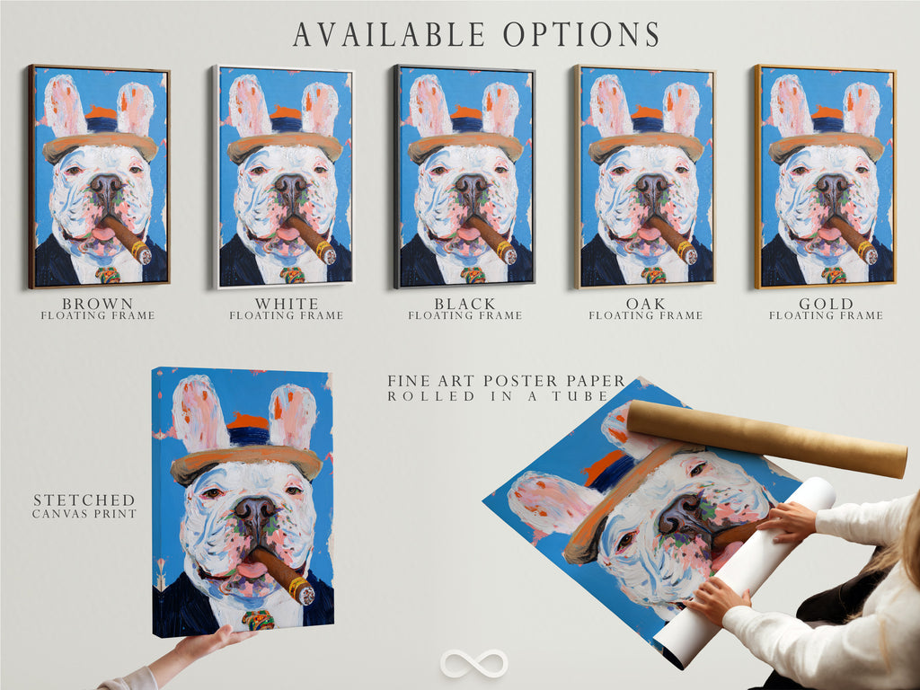 Explore available options for a French Bulldog artwork. Choose from a stretched canvas print a fine art poster paper or a floating frame. Find the perfect format to showcase this quirky pet portrait ideal for man cave decor.